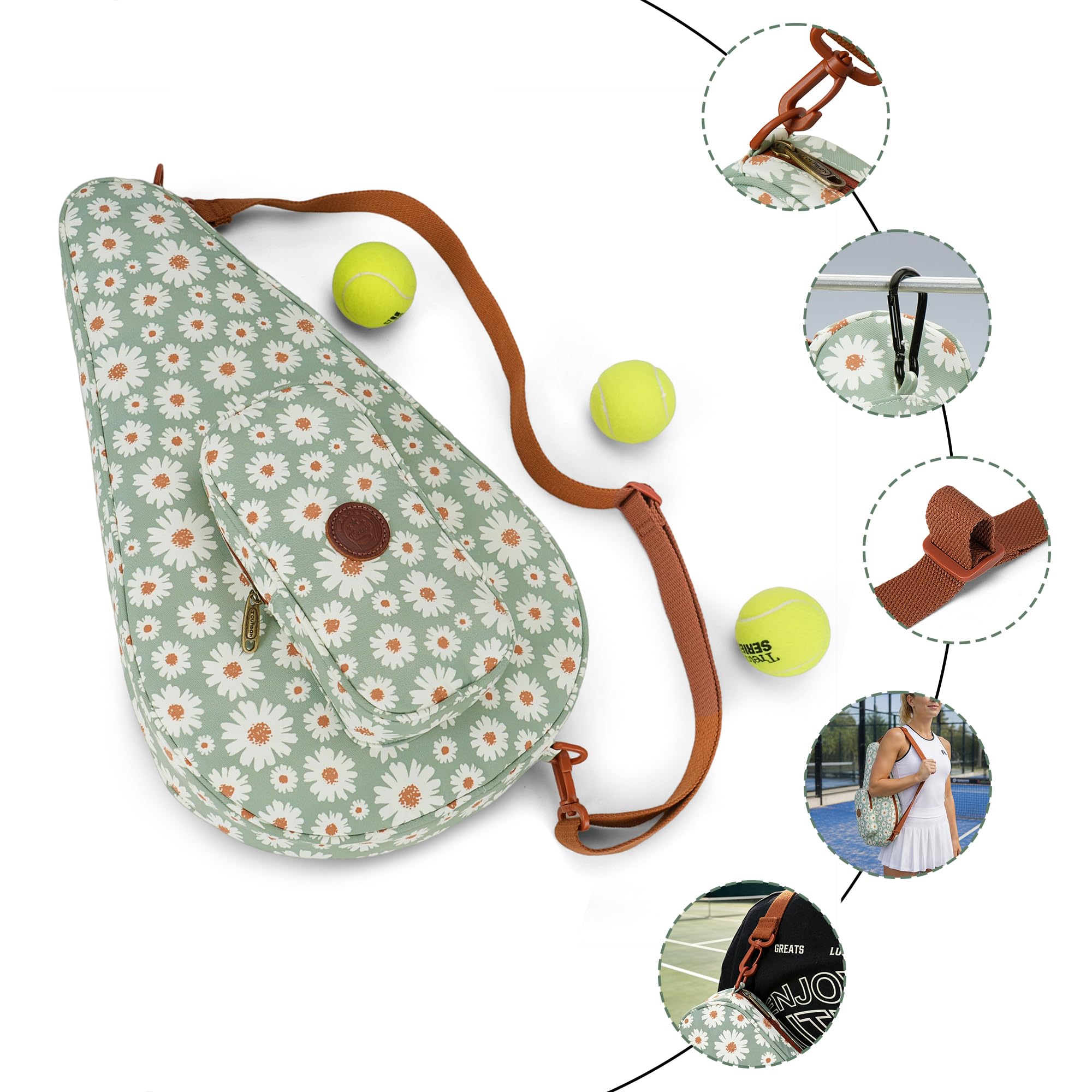 Borsa per racchette da padel floreale, in nylon idrorepellente con tasca frontale