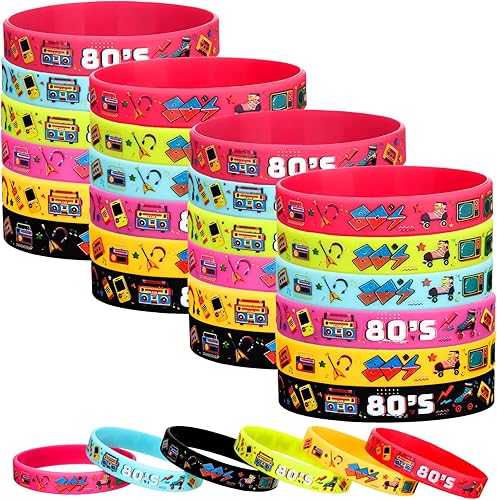 Leitee 48 pulseras de silicona temáticas de los años 80 para mujeres y hombres, pulseras de goma retro de los años 80 para mujeres y hombres,