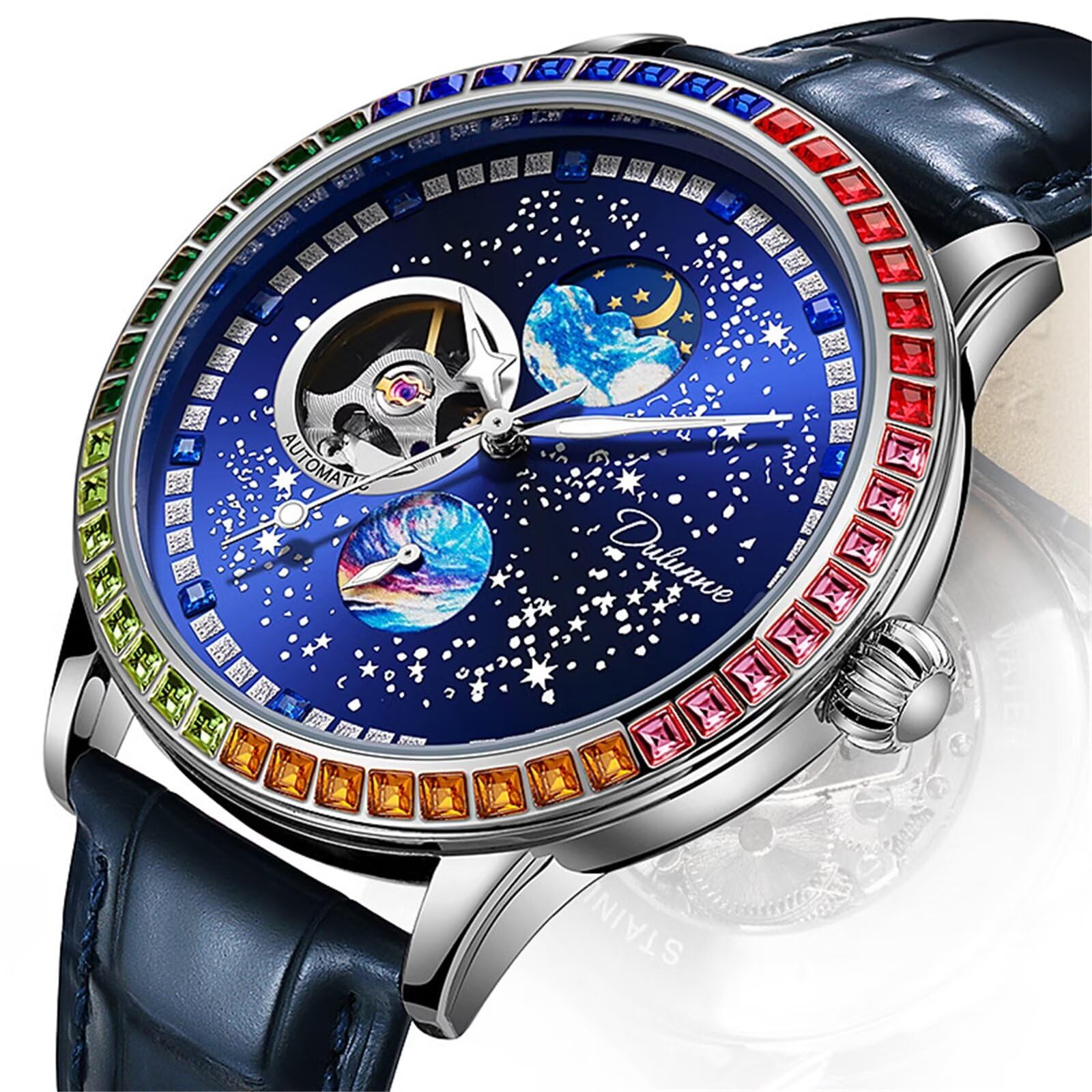Orologio da uomo alla moda, quadrante con cielo stellato, meccanico a carica manuale, cinturino in pelle, casual, con fasi lunari, tourbillon, orologi automatici