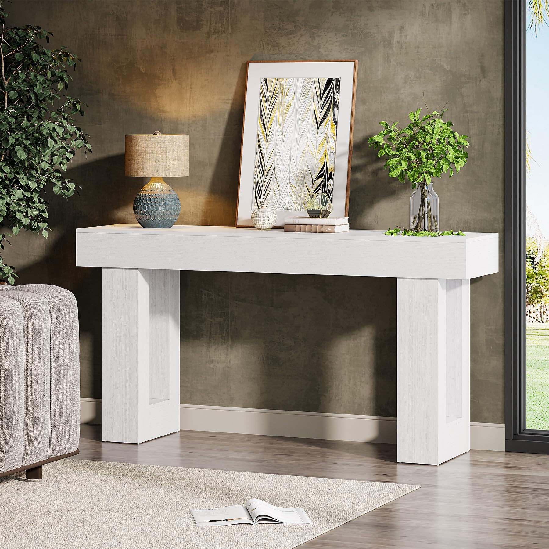 tribesigns 63-inch long console table, farmhouse wooden sofa table behind the couch, narrow entryway table for entrance, hallway, living room (white)