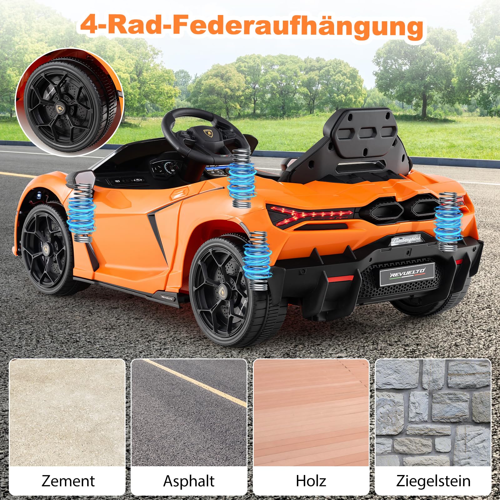 COSTWAY Samochód elektryczny dla dzieci Lamborghini Revuelto, elektryczny samochód dla dzieci 12 V z reflektorami LED, klaksonem i muzyką, 3-5 km/h, w zestawie pilot zdalnego sterowania (pomarańczowy)
