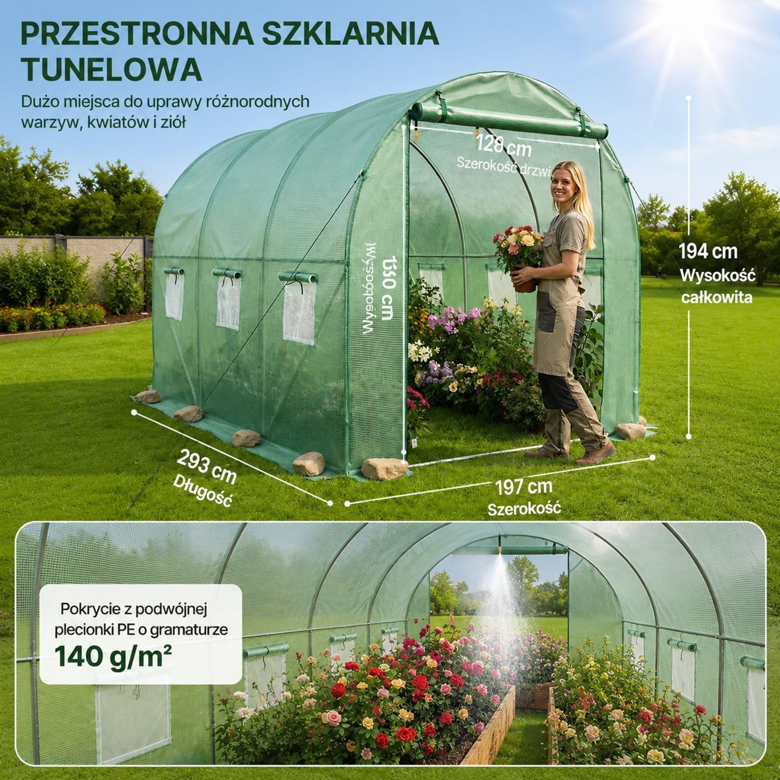 Tunelowa szklarnia wejściowa, ocynkowana stalowa rama, osłona PE, rolowane drzwi na suwak, 6 okien, system nawadniania, 4 mosiężne dysze, 3 tryby, uprawa zewnętrzna