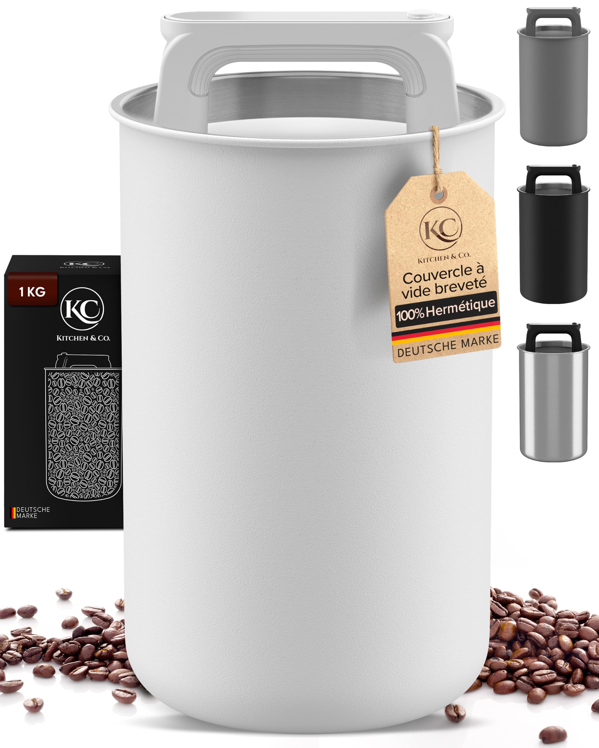 KC Kitchen & Co. Boîte à café hermétique pour 1 kg de grains de café - Boîte de conservation en acier inoxydable avec couvercle sous vide et fermeture aromatique - Boîte de rangement pour café, thé