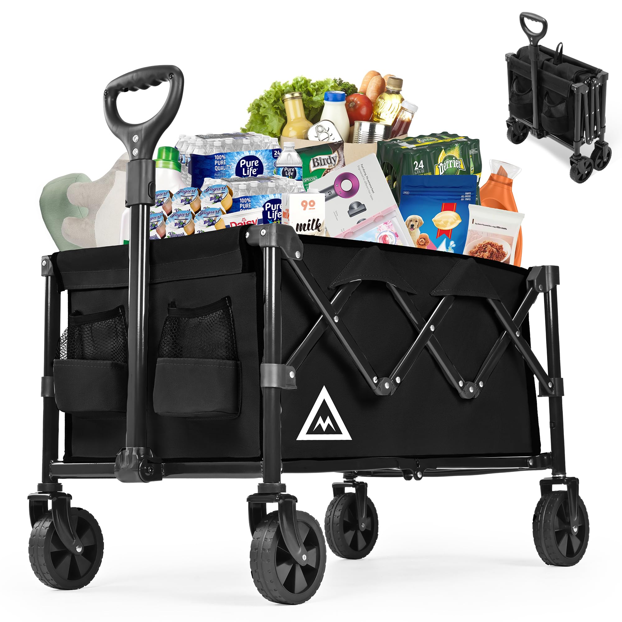wagon cart shopping foldable folding collapsible with wheels big on beach garden outdoor grocery heavy duty utility all terrain portable wagons carts for groceries sand camping sports black