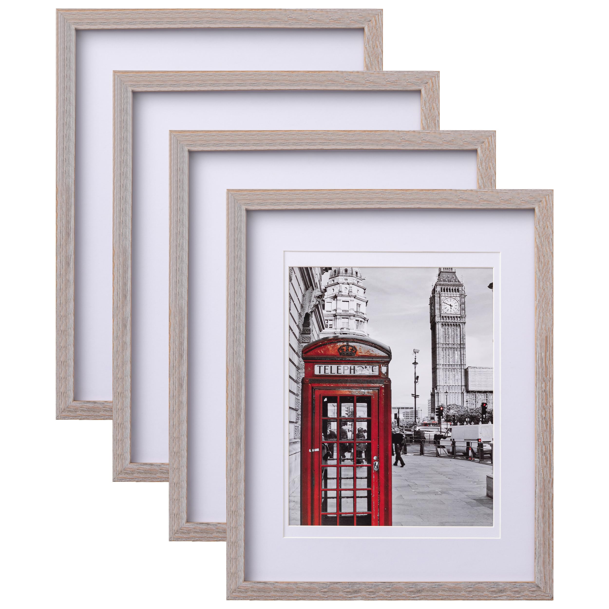 eletecpro 11x14 Picture Frame 4 Pack Made of Solid Wood and Strong Real Glass with 2 Mats, Display 8x10 and 8.5x11 Photo or 8x10 Without Mat, Farmhouse Decor for Gallery Wall or Tabletop, Rustic Grey