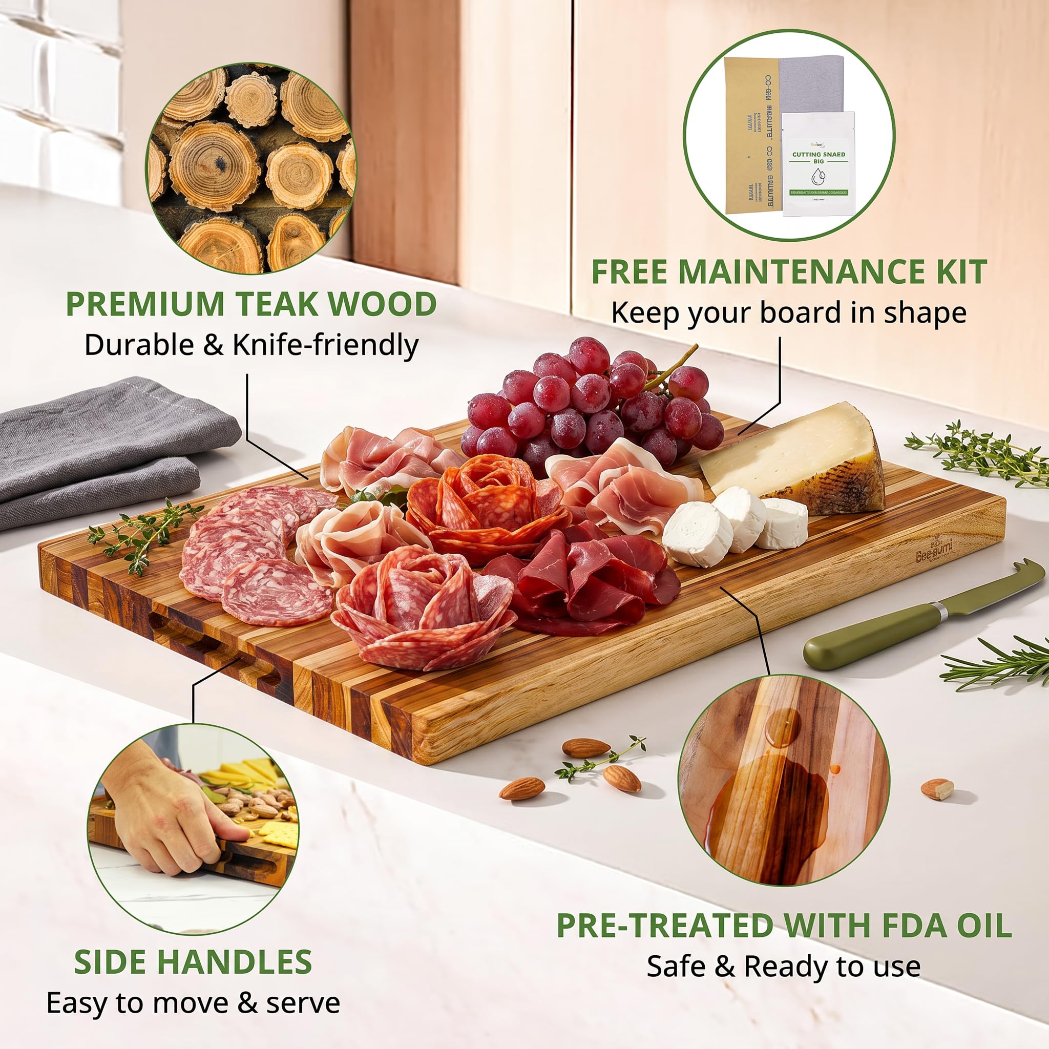 BEEFURNI Tabla de cortar de madera de teca con agarre de mano (L, 22 x 16 x 1.25 pulgadas), tablas de cortar grandes de madera para cocina, bloque de carnicero reversible, tablas de charcutería