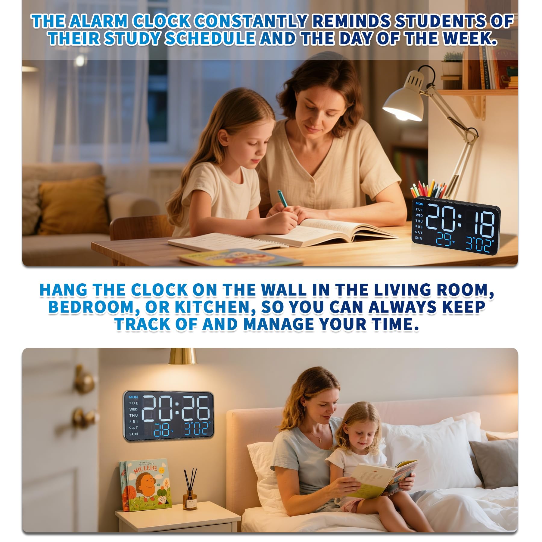 KCKJ Reloj despertador digital grande para dormitorio y hogar, con visualización de temperatura, fecha y día de la semana, brillo y volumen ajustables, doble uso para escritorio o montaje en pared