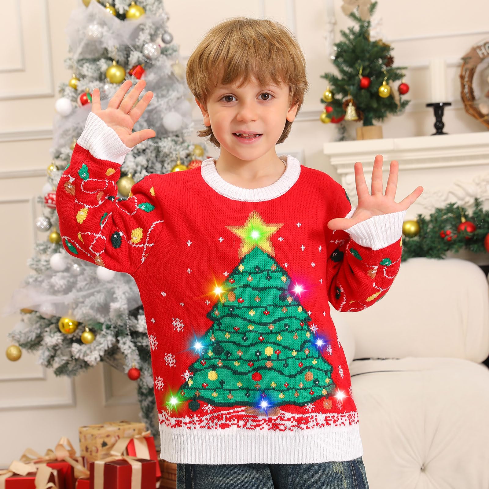 Maglione Natalizio Bambino con Luci, Maglioni Natalizi Bambini Divertenti, Girocollo Maglioncino Natalizio Famiglia Led Ugly Christmas Sweater,Brutti Maglioni di Natale per Bimbo/Bimba/Ragazza/Ragazzo