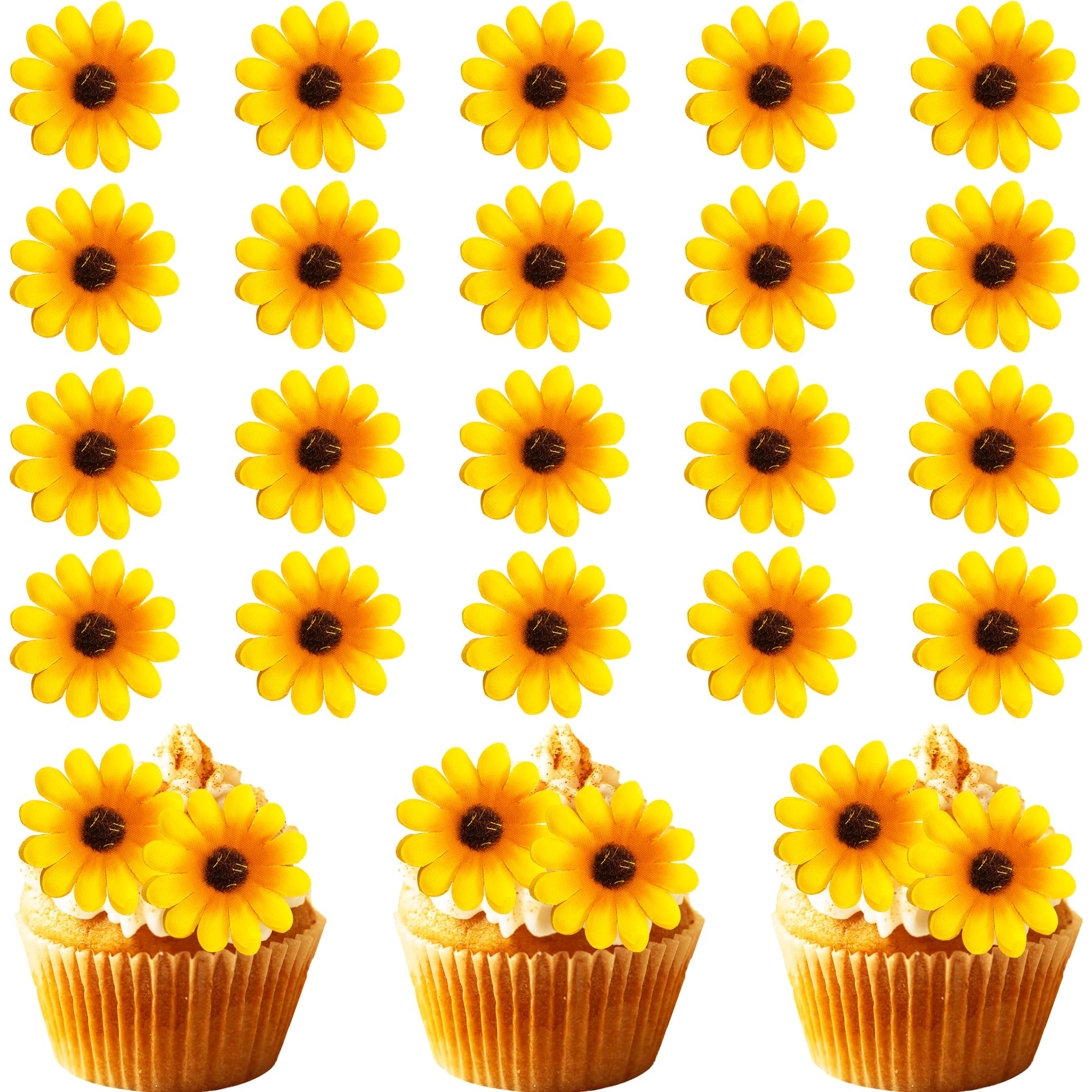 Gyufise 30Pcs Daisy Cupcake Toppers Decorations Flower Cake Toppers White Daisy Flower Cupcake Picks for Birthday Wedding Bridal Baby Shower Party Decoration Supplies Yellow 2