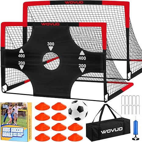 Kids Soccer Goals for Backyard Set of 2, 6x4 ft Portable Toddler Soccer Goal Training Equipment with Soccer Target, Ball, Cones, Soccer Net for Kids Age 3-5 6-8 8-12 10-12-14 Outdoor Sports Games Gift