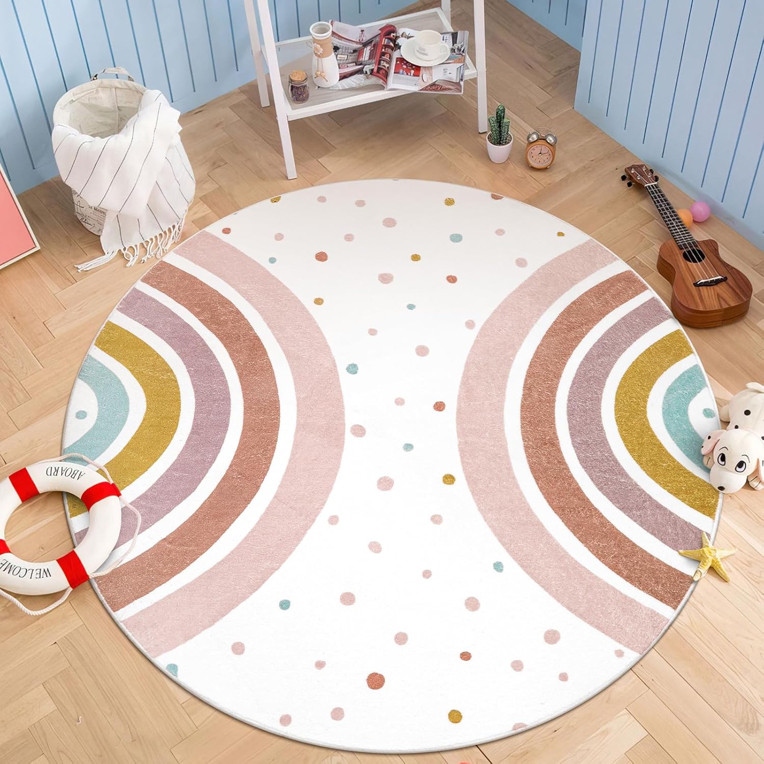 Round Rainbow Nursery Rug, 5 Ft Washable Kids Rug for Playroom, Non-Slip Colorful Rug for Classroom, Large Princess Rugs Soft Girls Bedroom Carpet for Kids Room Reading Nook 59"x59" Morandi