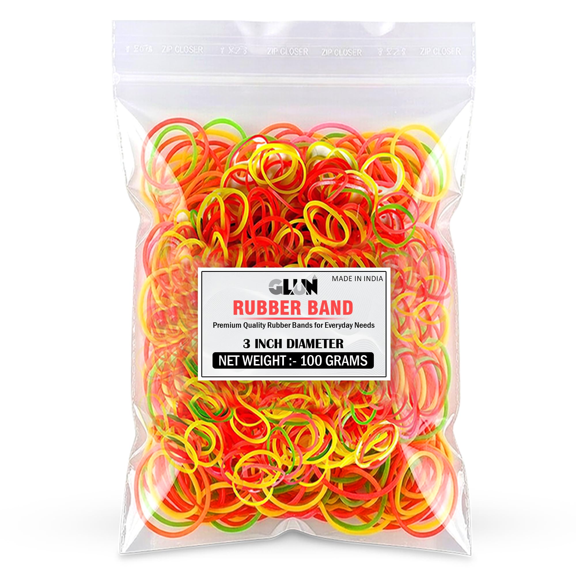 GLUN® 3 Inch Bright Multicolour 300g Rubber Band Pack, Highly Stretchable & Durable Elastic Bands for Office, Home, School & Packaging Use