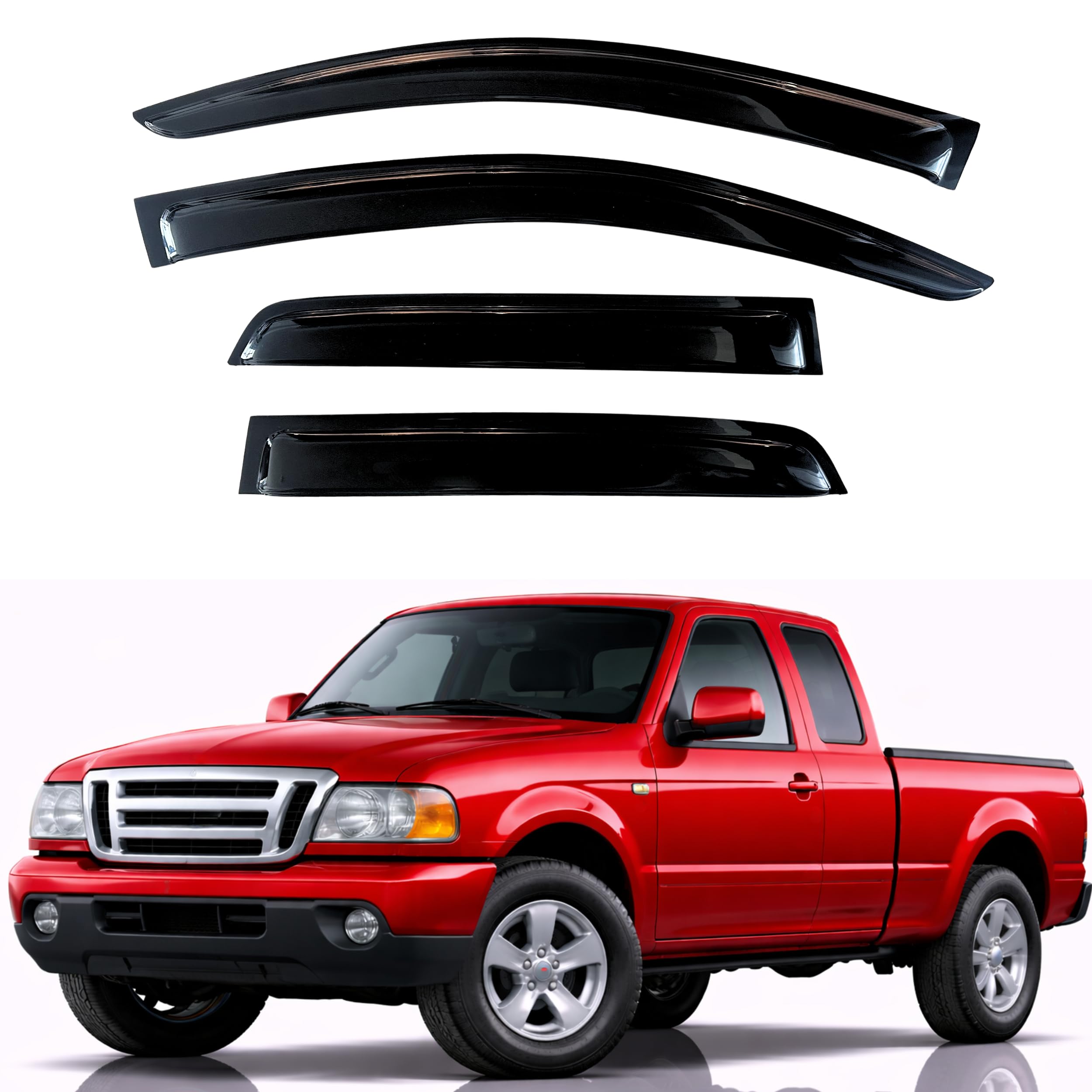 KPY Rain Guards Fit for 1999-2011 Ford Ranger SuperCab, Out-Channel Window Visors Vent Deflectors 4PC, Truck Accessories for 1999-2010 Mazda B2300/B4000, 1999-2008 Mazda B3000 (Extended Cab Only)