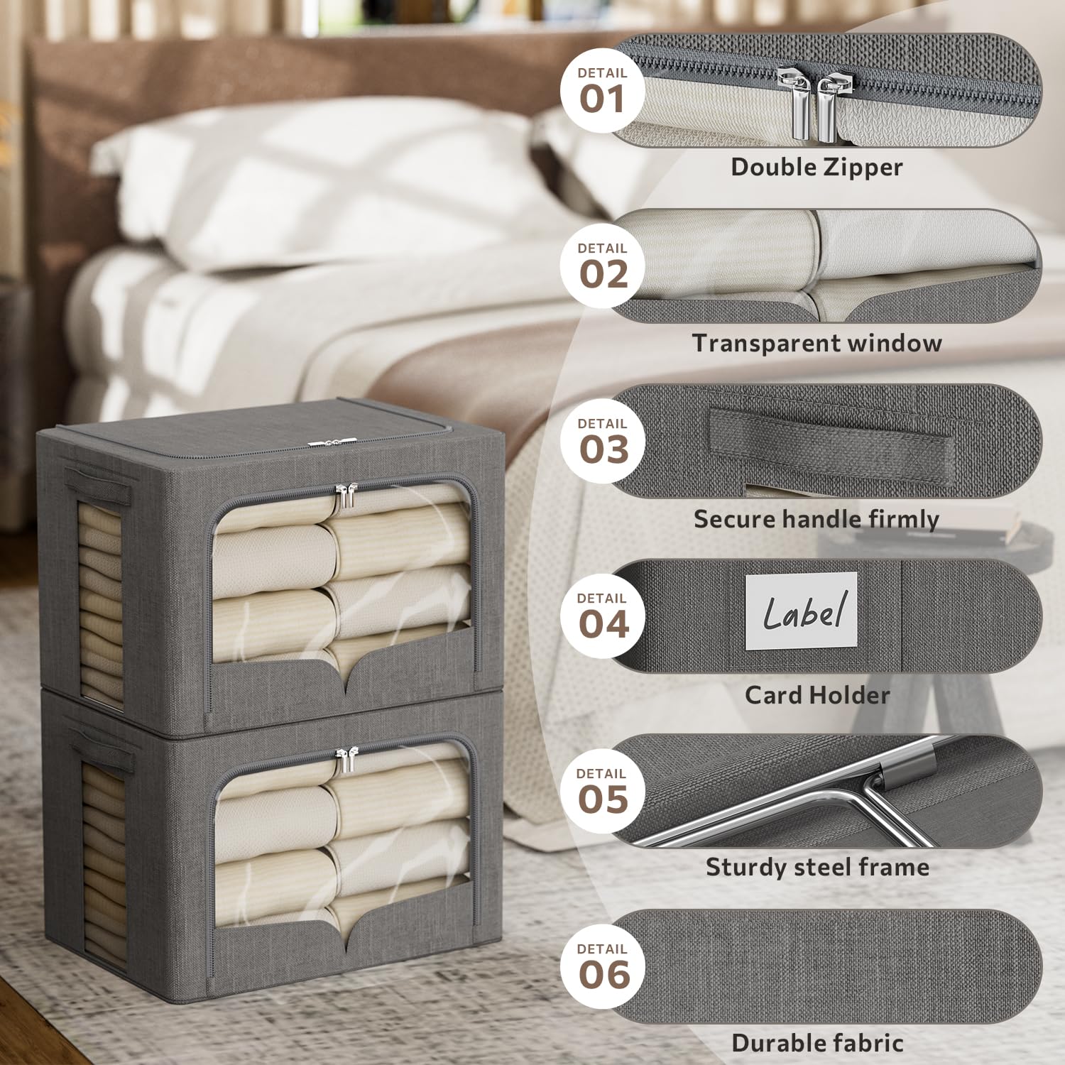 Set di 3 contenitori per vestiti, pieghevole, con telaio in metallo, impilabile, in tessuto di lino, con maniglie per il trasporto e finestra trasparente (grigio scuro, 36 l, 39,9 x 30 x 30 cm (36 l))