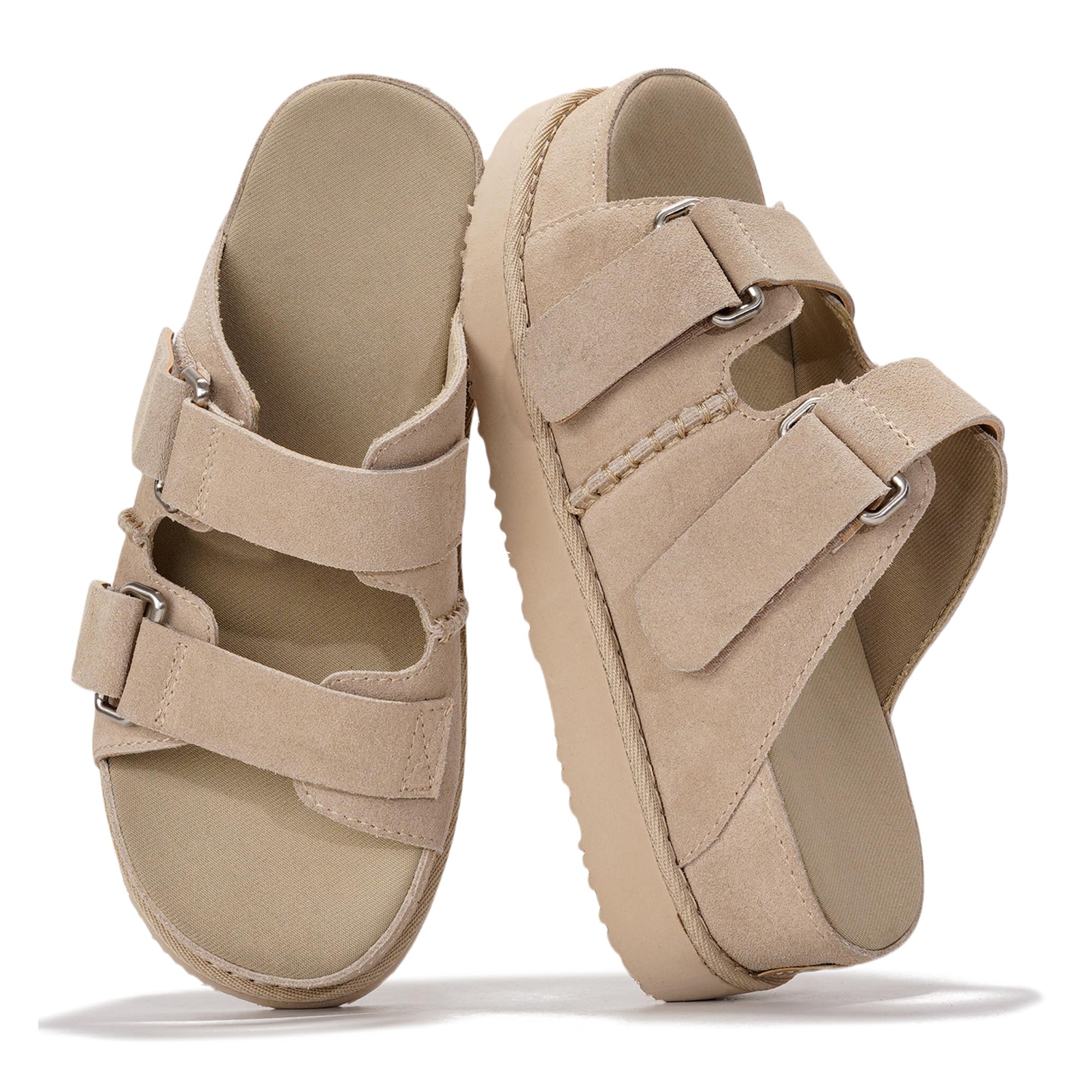 Project Cloud Genuine Leather Platform Womens Sandals - Double-Strap Non-Slip Platform Sandals Women with Memory Foam Insole -