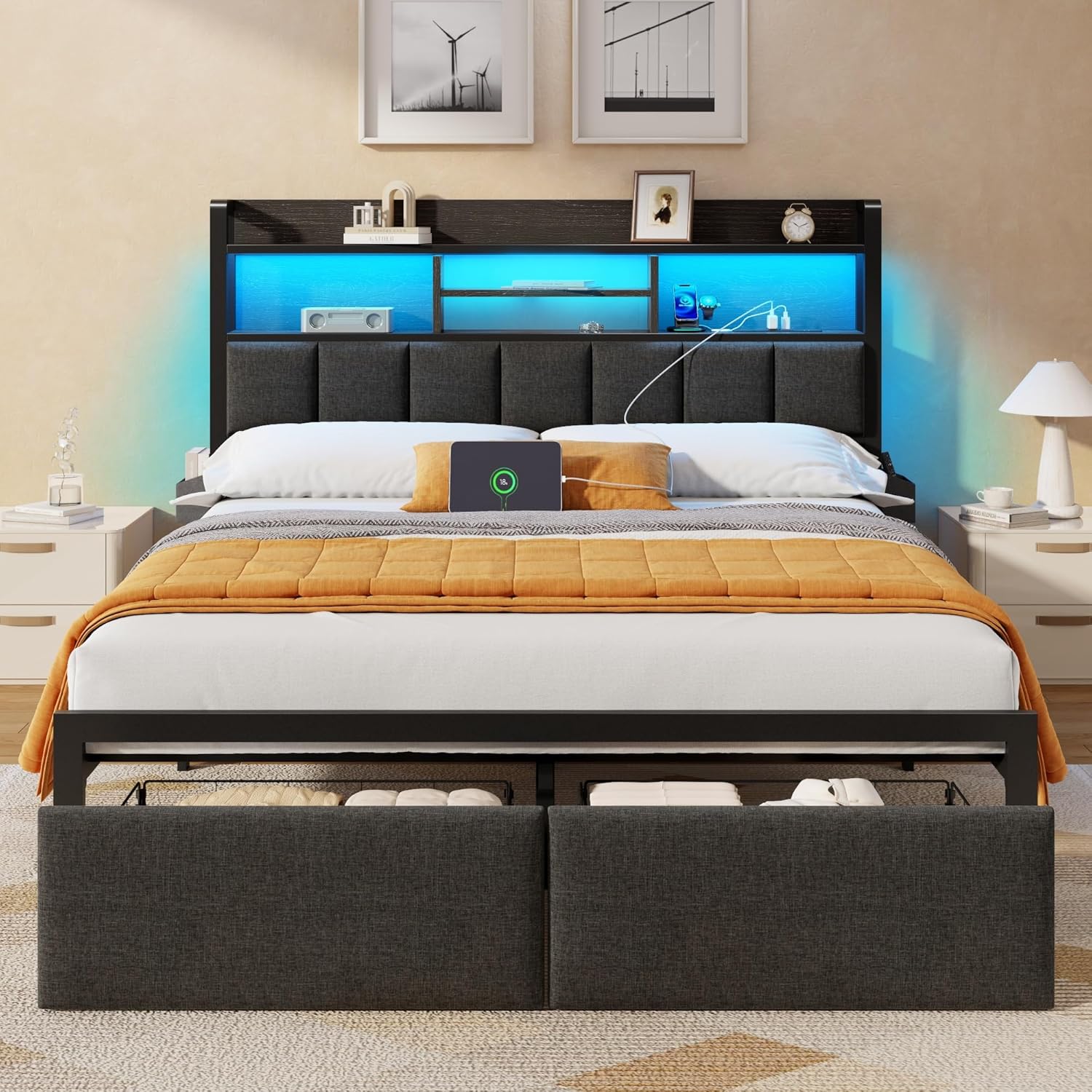 Furnulem Queen Bed Frame with Storage Drawers, Upholstered Headboard with LED Light & Charging Station, Metal Platform Bed Frame Queen Size, Noise Free, No Box Spring Needed, Black (1200 lbs Capacity)