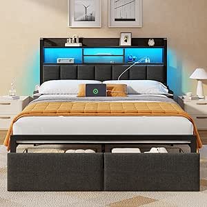 Furnulem Queen Bed Frame with Storage Drawers, Upholstered Headboard with LED Light & Charging Station, Metal Platform Bed Frame Queen Size, Noise Free, No Box Spring Needed, Black (1200 lbs Capacity)