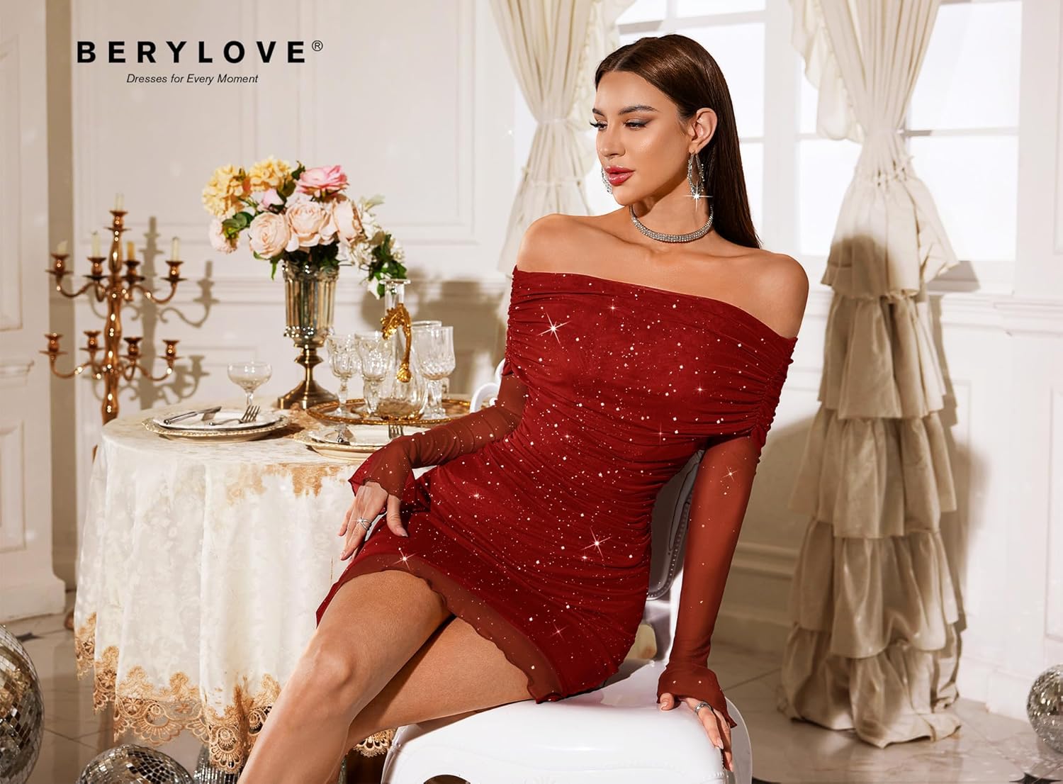 BeryLove Women's Sexy Sequin Prom Cocktail Dress Ruched Bodycon Off Shoulder Formal Party Long Sleeve Dresses - Image 6