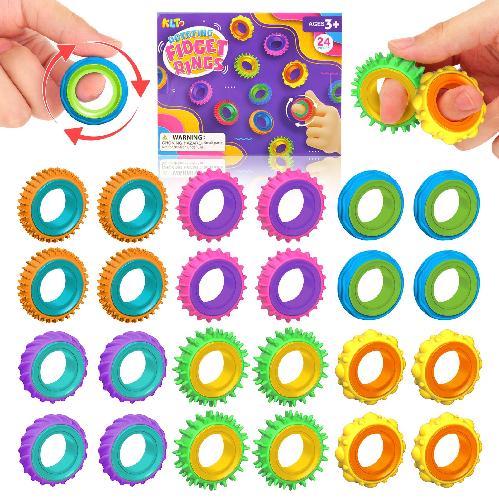 Fidget Toy Sensory Rings for Kids, 24 Pack Sensory Spinner Rings - Texture Stress Finger Toys for Kids Autism Calming - Fun Fidgets for ADHD Classroom