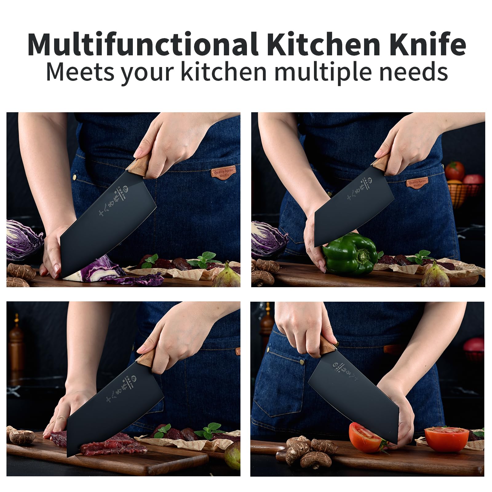 Coltello Chef da Cucina con Lama Nera e Maniglia in Legno Ergonomica