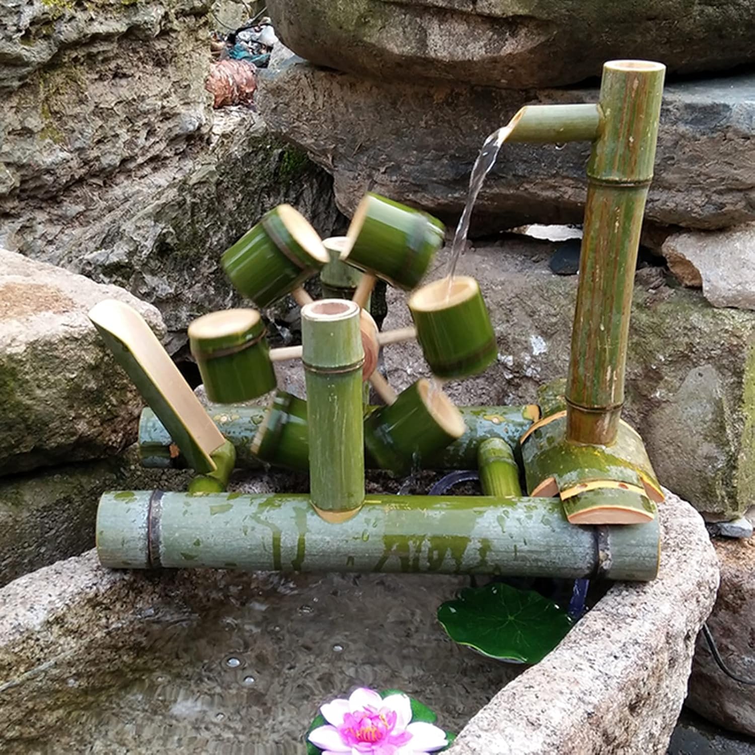Bamboo Fountain Decor, Water with Pump Waterwheel with Pump for Patio/Pond/Garden, Indoor/Outdoor Fish Tank Circulating Water Decoration Ornaments,One Color-60cm/23.6in