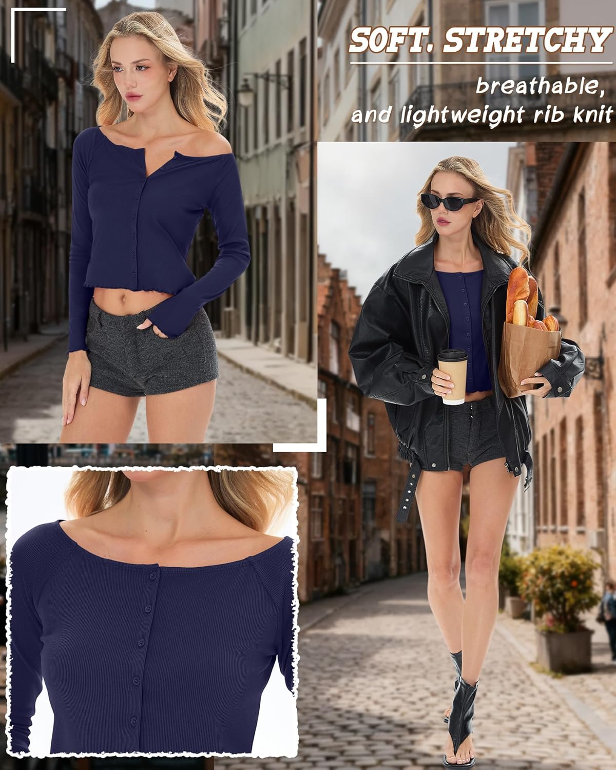 Women's Cropped Cardigan Cotton Long Sleeve Ribbed Y2k Button Down Shirt Scoop Neck Slim Fit Fall Top - Image 5