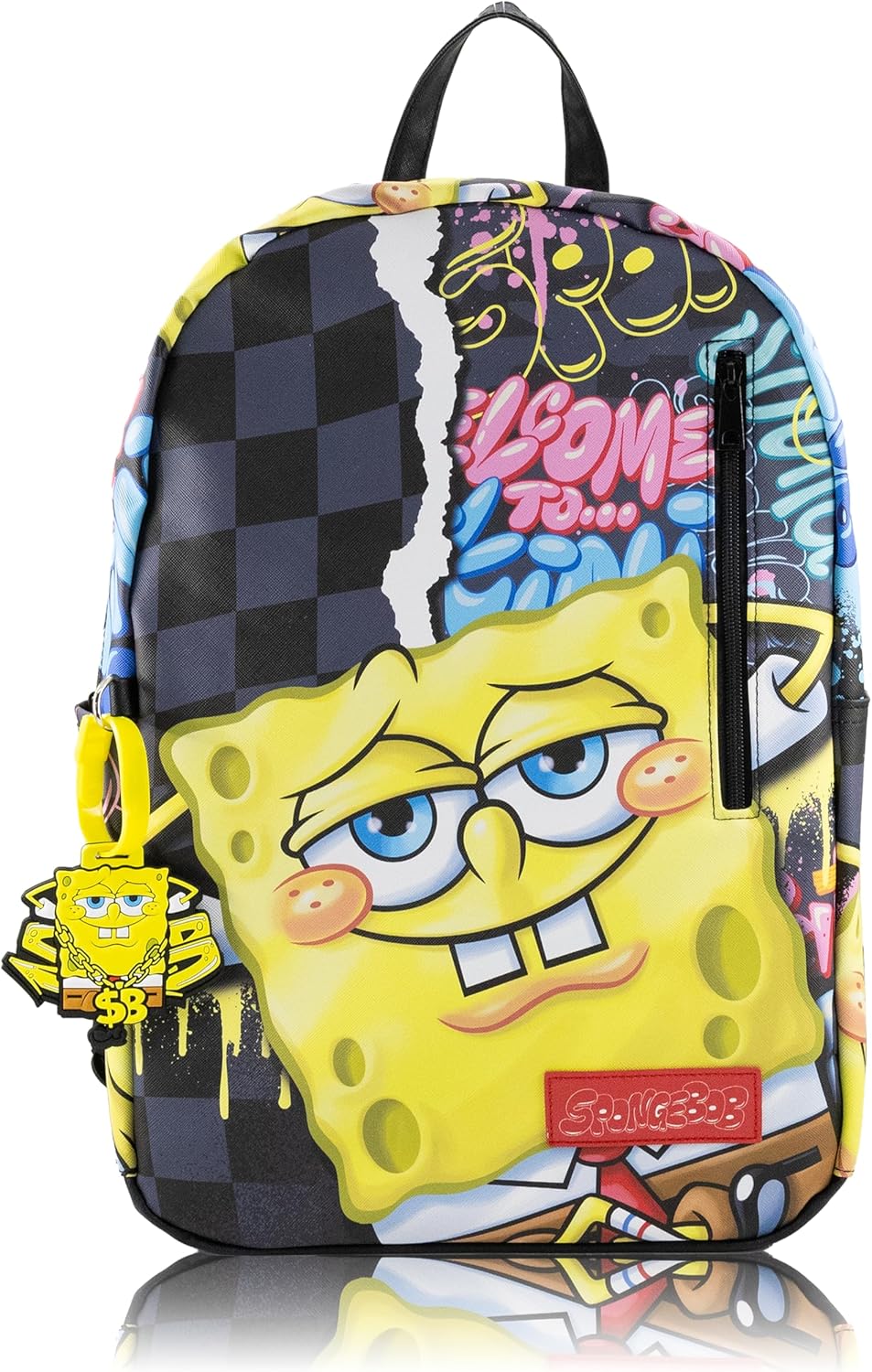 Fast Forward SpongeBob SquarePants Backpack for Teens | 16 Saffiano Leather School Bookbag with Rubber Luggage Tag | SpongeBob Bag for Boys, Girls, Unisex | Officially Licensed Nickelodeon