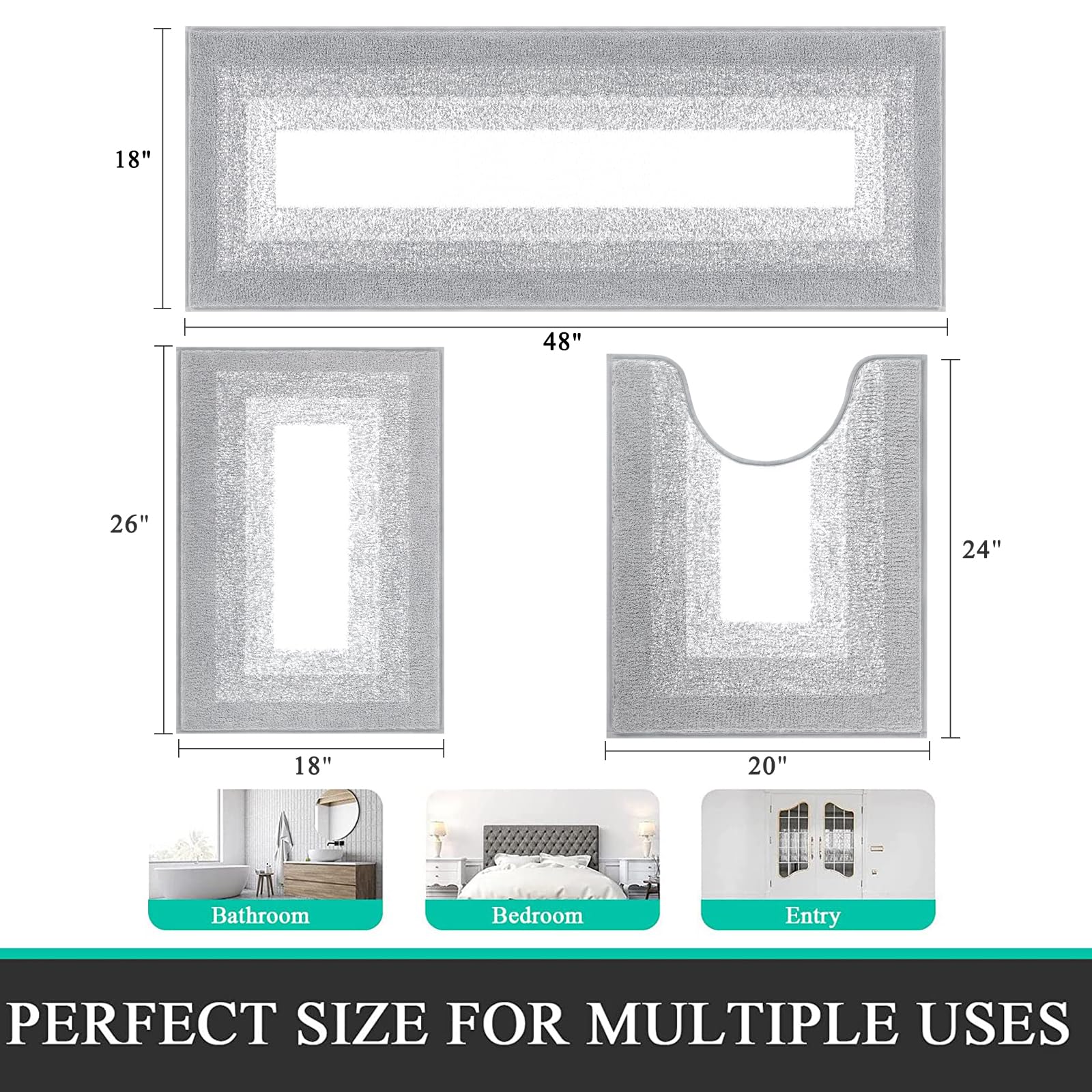 Bsmathom Set di 3 tappeti da bagno antiscivolo e assorbenti, in morbida microfibra a pelo lungo, con contorno a forma di U, lavabili in lavatrice, grigio chiaro