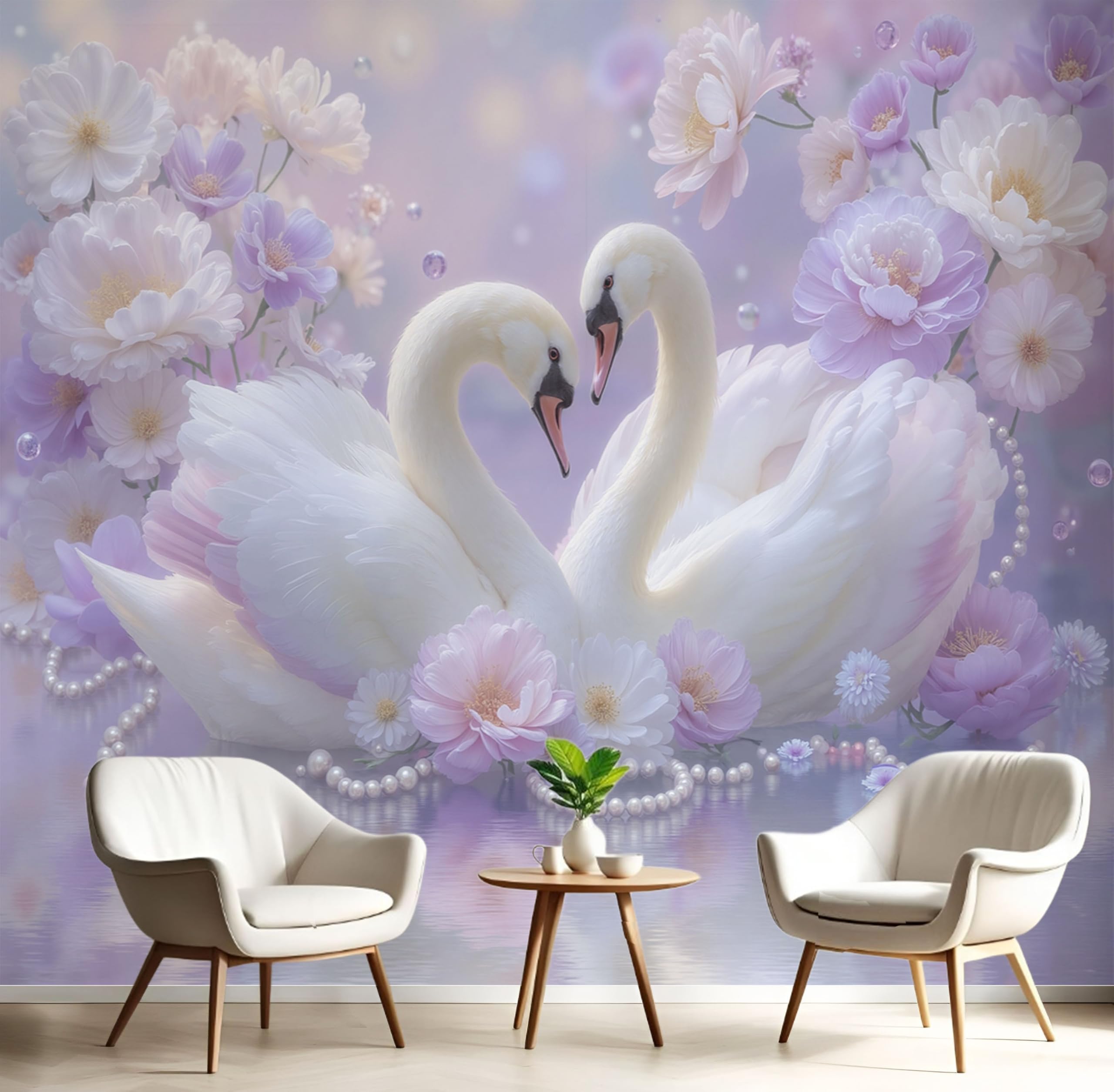 Papier peint motif cygne violet 3D panoramique pivoine pour salon et chambre