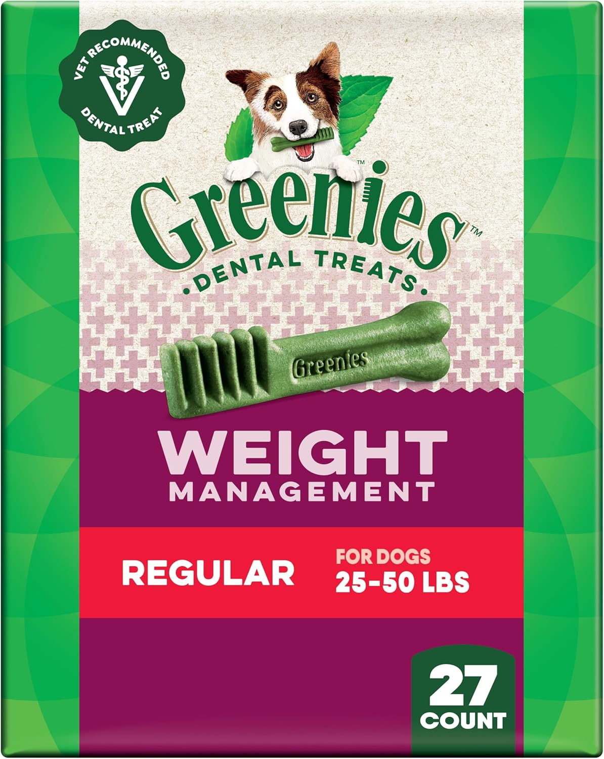 Greenies Veterinarian-Recommended Adult Natural Dental Dog Treats Regular Size, Weight Management Dog Dental Chews, 27 oz. Pack, 27 Count