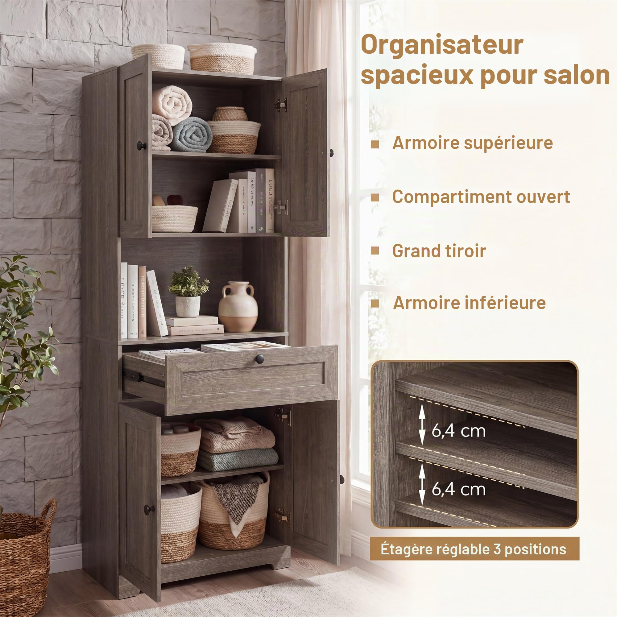 LIFEZEAL Armoire de Salle de Bain Haute, Meuble de Rangement 3 Niveaux en Bois avec 4 Portes, 1 Tiroir, Compartiment Ouvert, Étagère Réglable, Armoire Moderne pour Salle de Bain, Cuisine (Brun Clair)