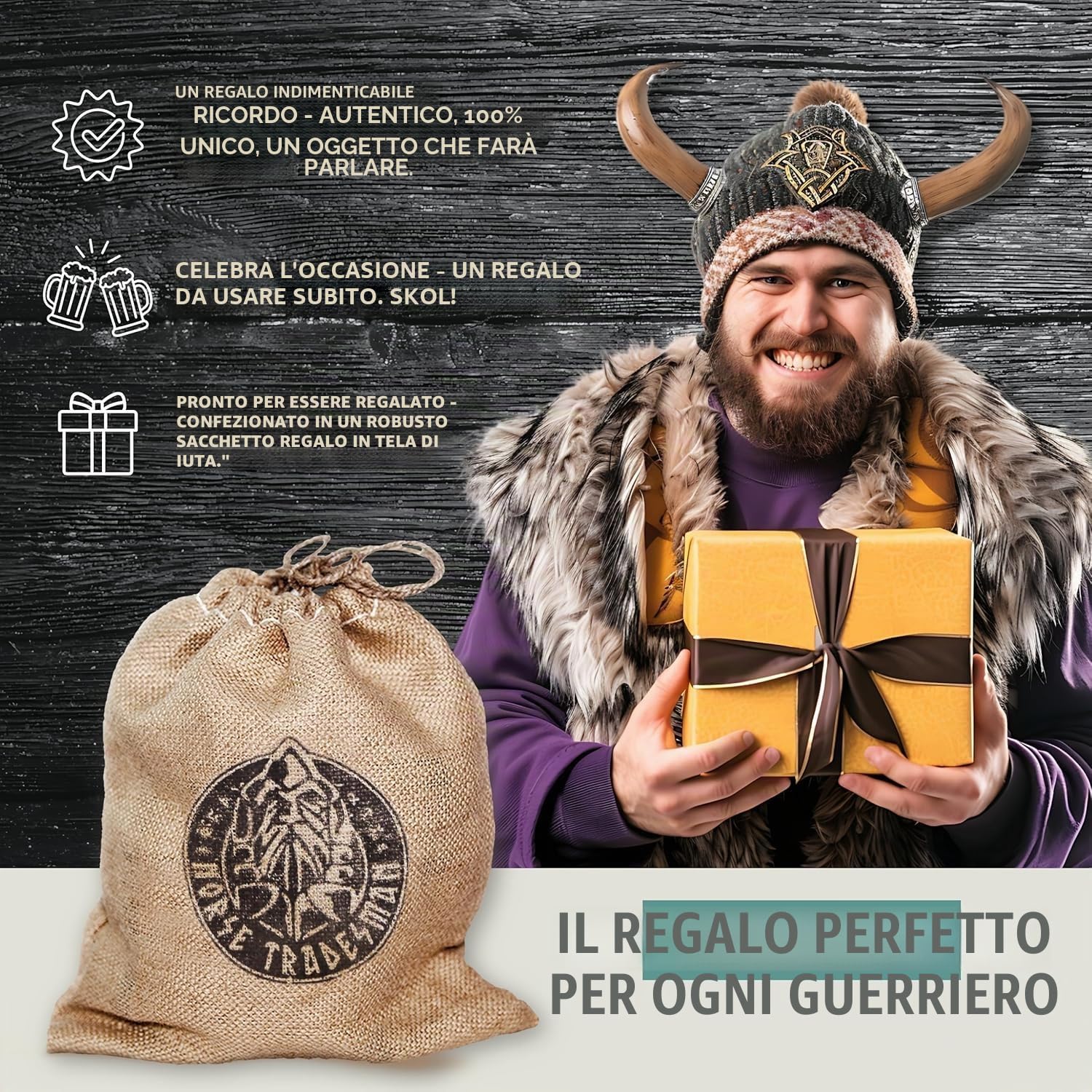 Norse Tradesman Set di Bicchieri da Shot con Corno per Bere (5) con Espositore in Legno Rustico (Live Edge) | Inciso con Rune Norrene | Confezionato in un Sacco Regalo di Juta