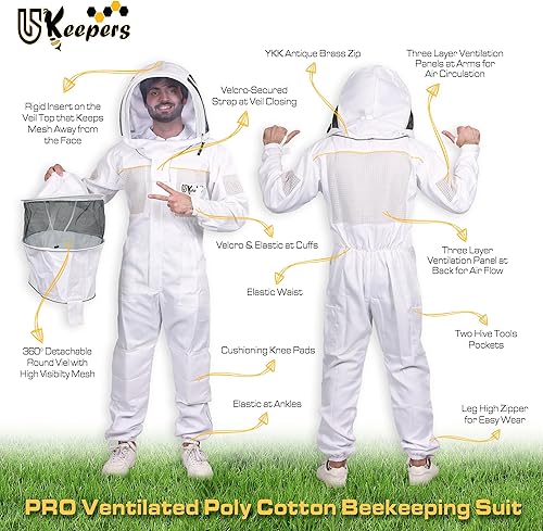 Miniatura 5 de Polly - Traje de abeja de algodón, ultra ventilado, para hombres y mujeres, con guantes de abeja y 2 velos de apicultura, traje de apicultor