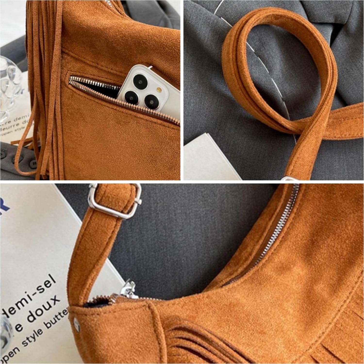 Women Vintage Suede Fringe Hobo Bag Tote Shoulder Bag Crossbody Bag and Hippie Western Cowgirl Purse Shoulder Bag - Image 8