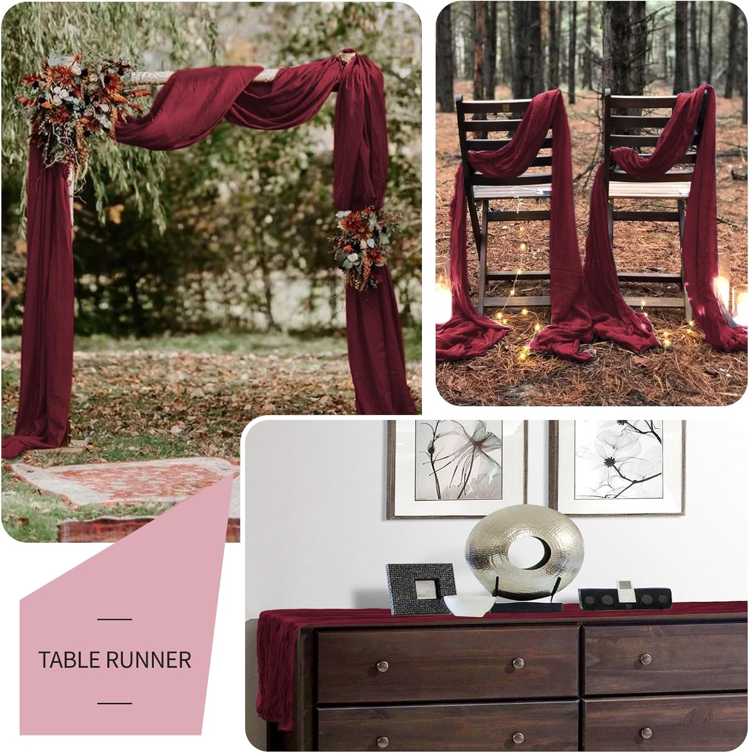 16 Pack Cheesecloth Table Runner 35 x 120 inch Long Boho Cheese Cloth Gauze Table Runners Semi Sheer 10FT Table Runner for Wedding Decor, Bridal Shower, Birthday Party, Table Decor (Burgundy)