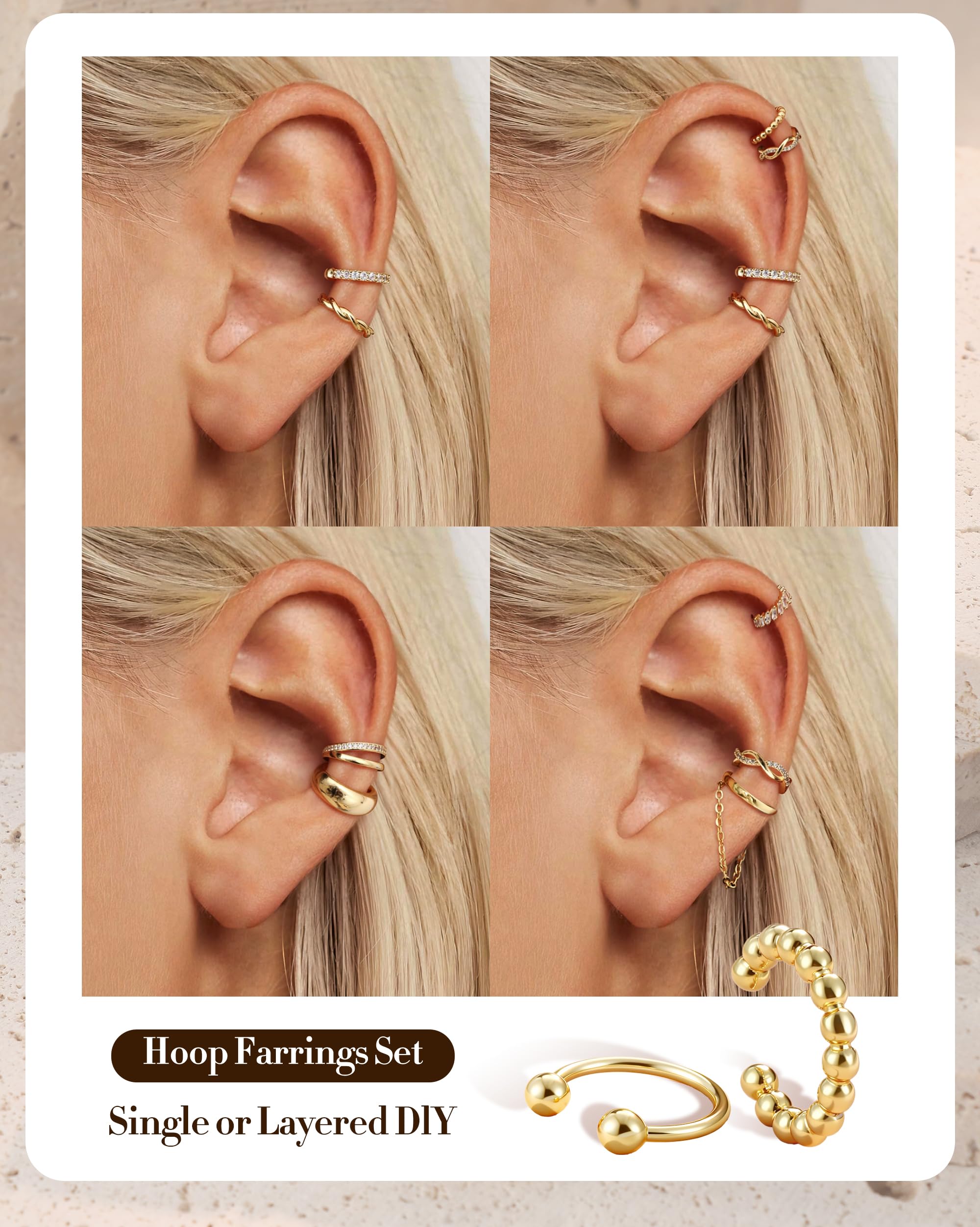 9PCS Ear Cuffs Earrings for Women Non Piercing 14K Gold Plated - Hypoallergenic Adjustable Ear Cuffs Trendy Non Tarnish Clip on Cartilage Fake Earring Stacks Wrap Jewelry