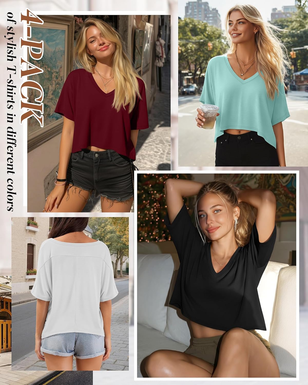 Neer 4 Pack Women's Oversized Crop T Shirts Summer V Neck Short Sleeve Tops Irregular Hem Baggy Top - Image 5