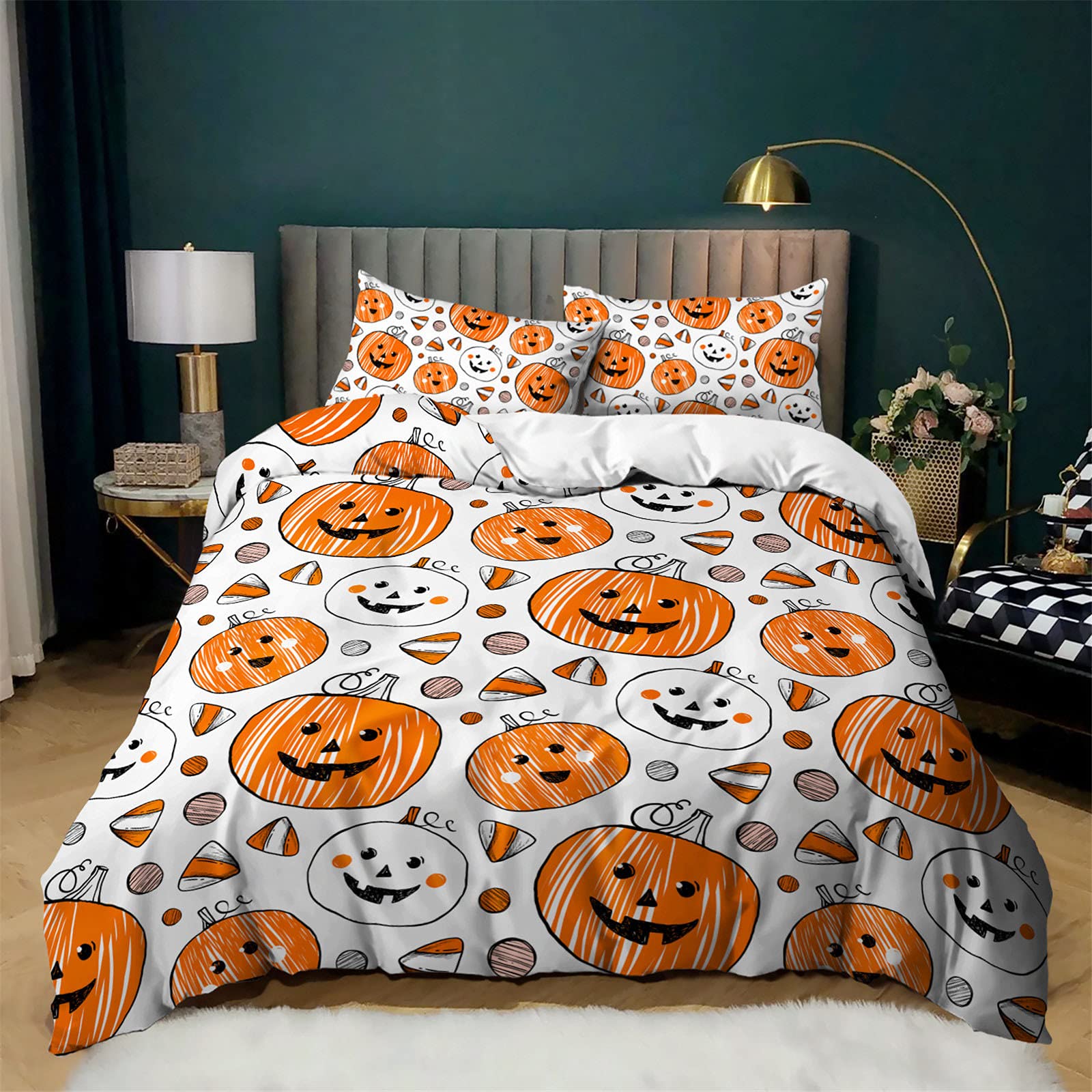 Meiju-Shop Men's Cute Pumpkin Meiju 3D Bedding Set Duvet Cover Set 3 Piece, Halloween Printed Microfibre Bed Set With Quilt Cover With Zipper & Pillowcases 50X75cm For Single Double Super King Bed (,135X200cm)
