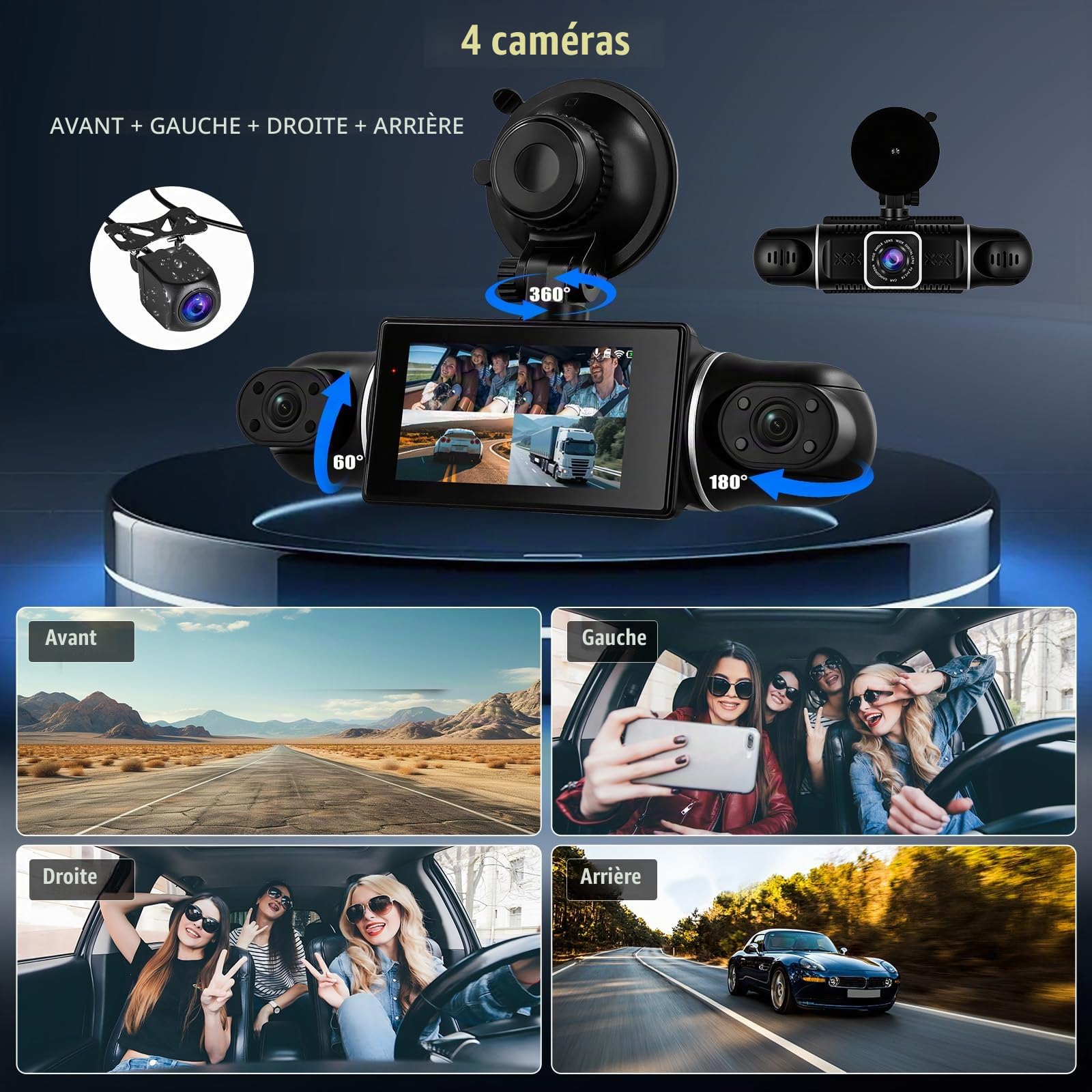 Dashcam Voiture 4 Canaux 360° avec WiFi, 2K+3*1080P Avant Arrière Droite, Autocaméra avec Vision Nocturne, Surveillance du Stationnement, G-Sensor, Enregistrement en Boucle, APP, Aide au recul