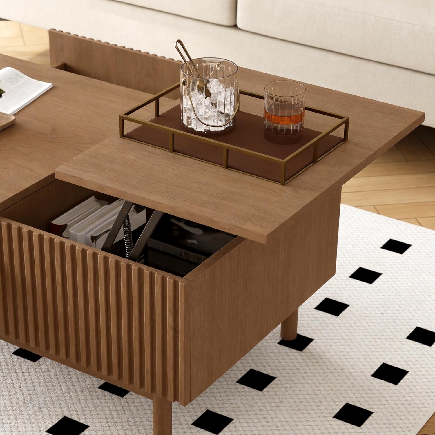 51.1" Mid-Century Modern Lift-Top Coffee Table, Walnut Rectangular Center Table with Hidden Storage, Drawers & Solid Wood Legs, for Living Room, Apartment & Office