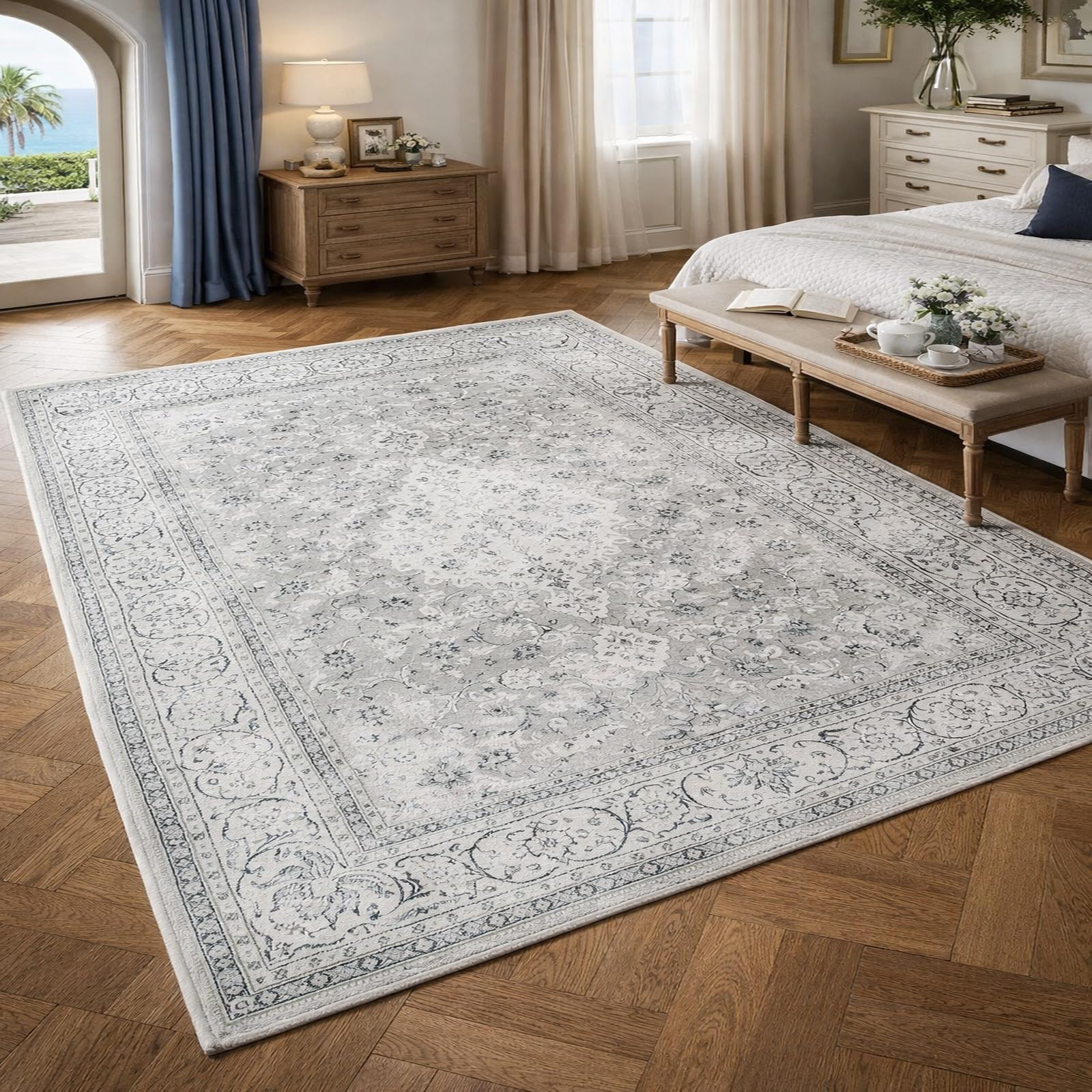 Dywaniki do domu Wystrój wnętrz Salon Duży pokój dzienny, Vintage Vintage Kwiatowy Szary, Biały, Czarny, 200 x 240 cm