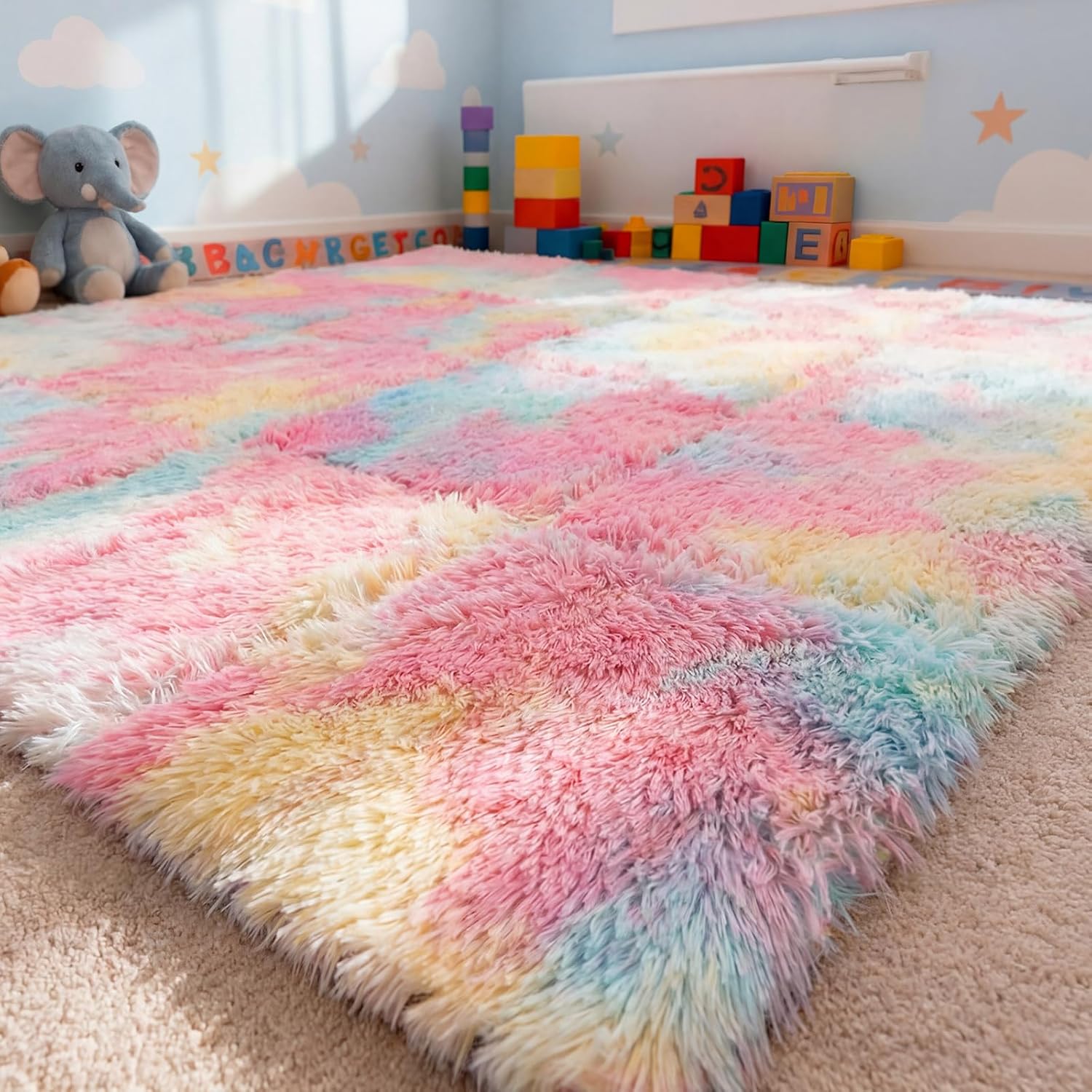 16 Pcs Pastel Shaggy Unicorn Princess Plush Puzzle Foam Floor Mat, 11.8 x 11.8 Inch Soft Interlocking Carpet Tiles, Colorful Shaggy Play Mat for Play Room, Nursery, Dorm Decor
