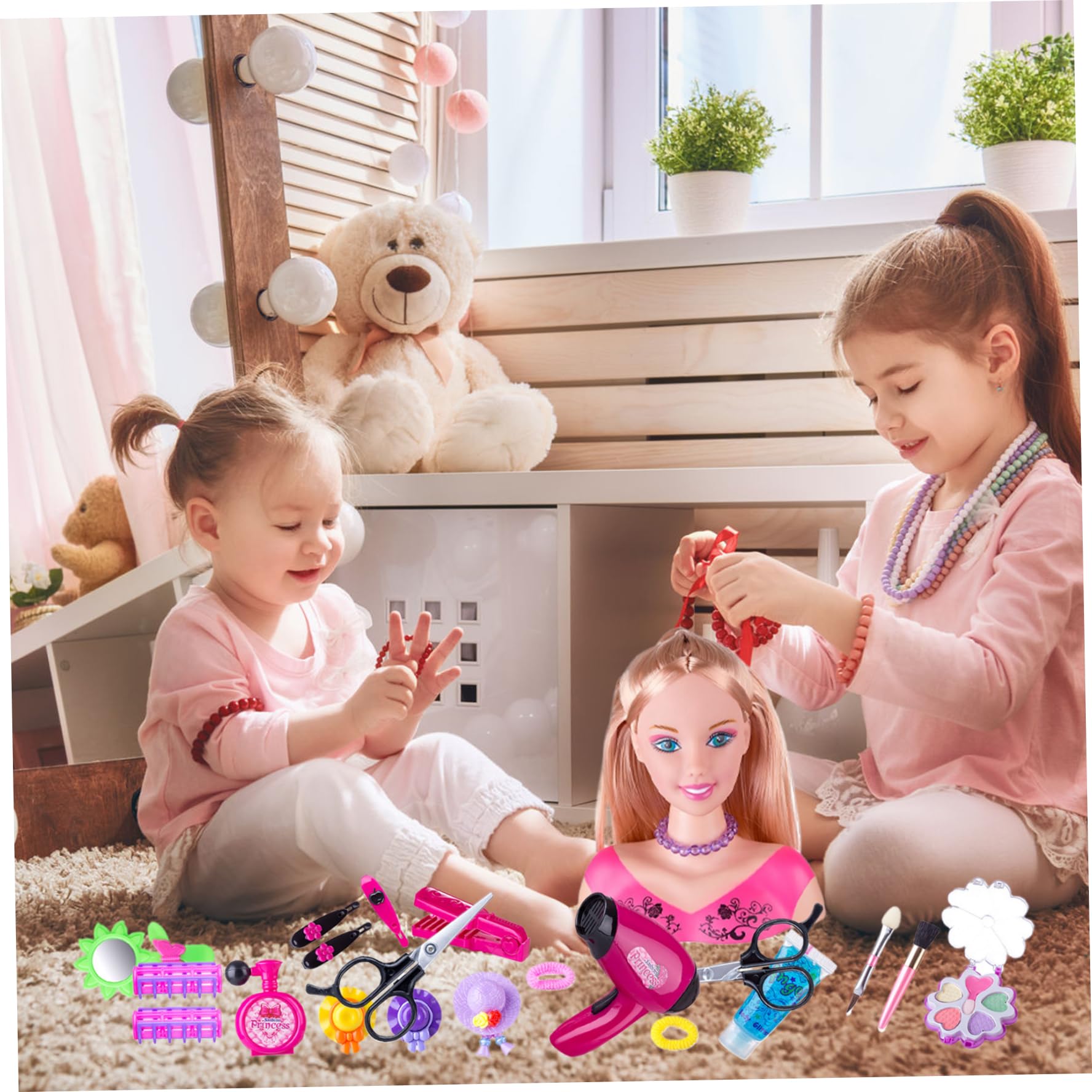 Jorzer Cabeza de muñeca para Peinado, 35 Piezas/Set Simulated Styling Head Doll para niños con secador de Cabello con batería Imaginativo y Maquillaje Aprendizaje Fewend Play Toys for Girls, Style 2.