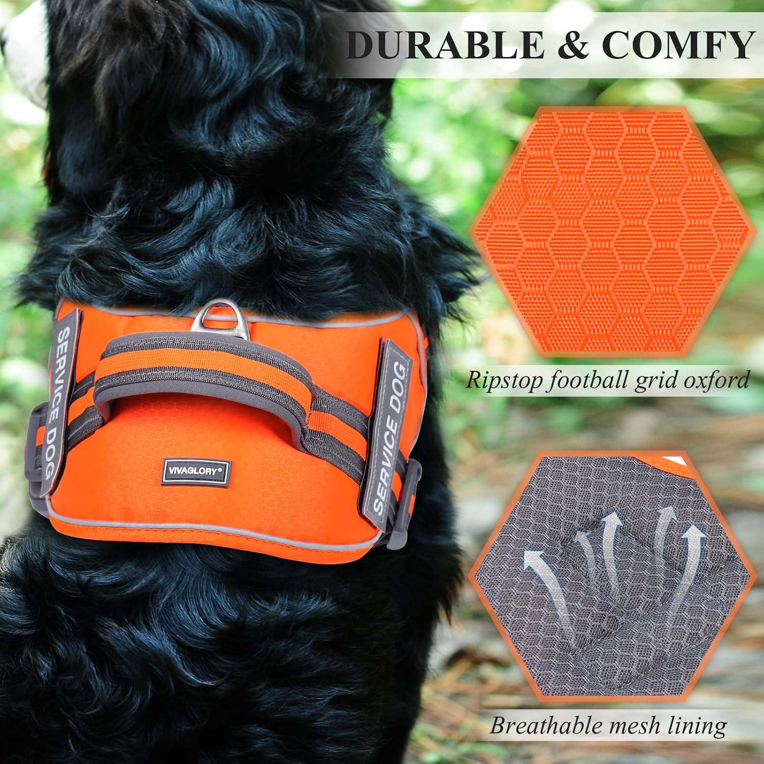 VIVAGLORY Service Dog Harness, No Pull Adjustable Service Dog Jacket with Padded Handle, Reflective Training Vest Comfort Fit with 4 PCS Removable Patches for Medium Dogs, Easy On & Off, Orange