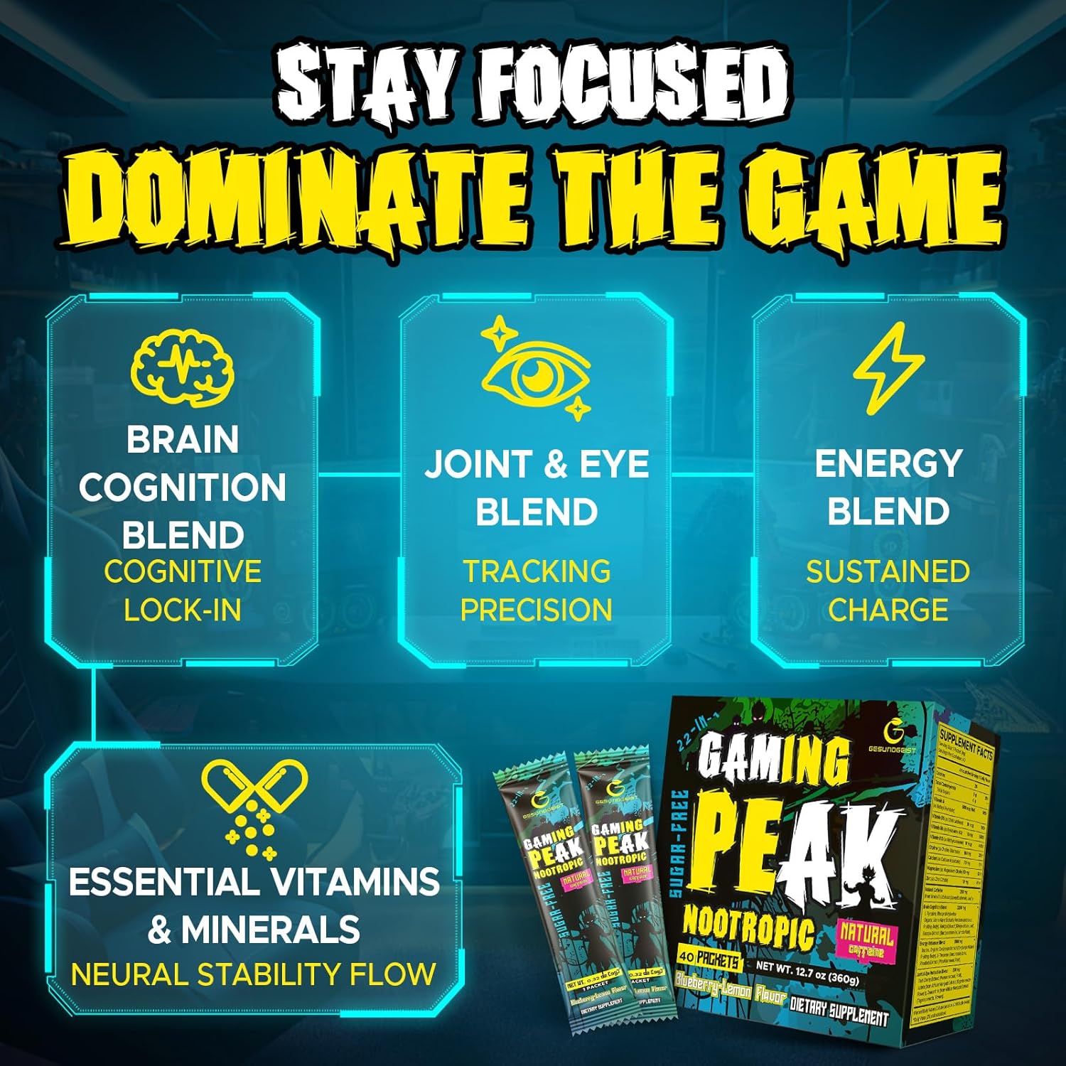 Energy Drink Powder – Gaming Focus Formula with Nootropics & Natural Caffeine – for Attention, Accuracy & Reaction – Sugar-Free, Vegan – Blueberry Lemon – 40 Individual Sticks