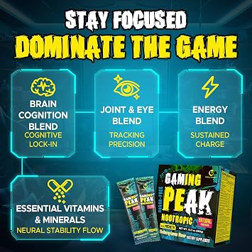 Energy Drink Powder Gaming Focus Formula with Nootropics & Natural Caffeine for Attention, Accuracy & Reaction Sugar-Free, Vegan Blueberry Lemon 40 Individual Sticks