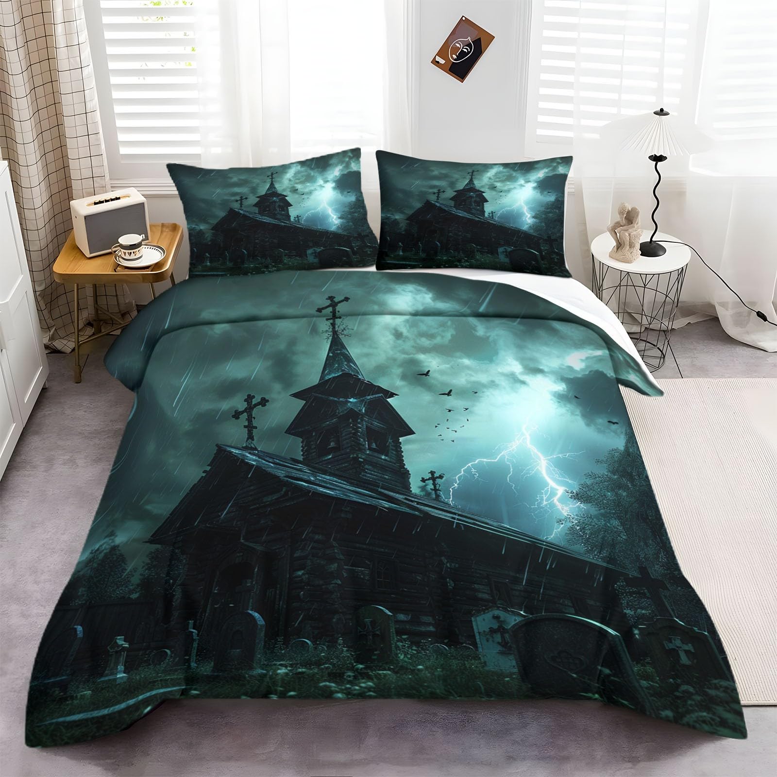 Generisch Zestaw pościeli z motywem zamku na Halloween, motyw zamka, nagrobka, 155 x 220 cm, poszewka na kołdrę, 2 poszewki na poduszkę, lekka i oddychająca, bardzo miękka poszwa na kołdrę, idealna