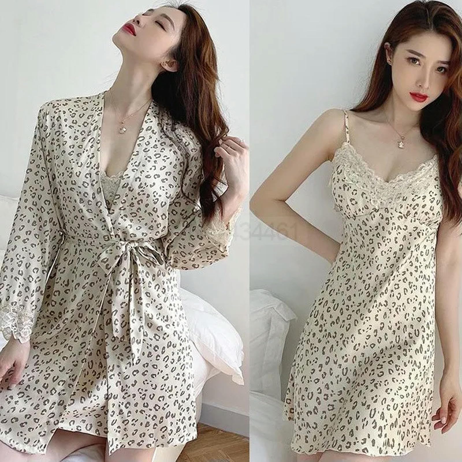 Camicia da Notte Donna Abito da Bagno in Pizzo Satinato da Donna Notturna 2 Pezzi di Veste Leoparda Set da Camicino da Camicia da Camicia E Abito da Un Accappatoio