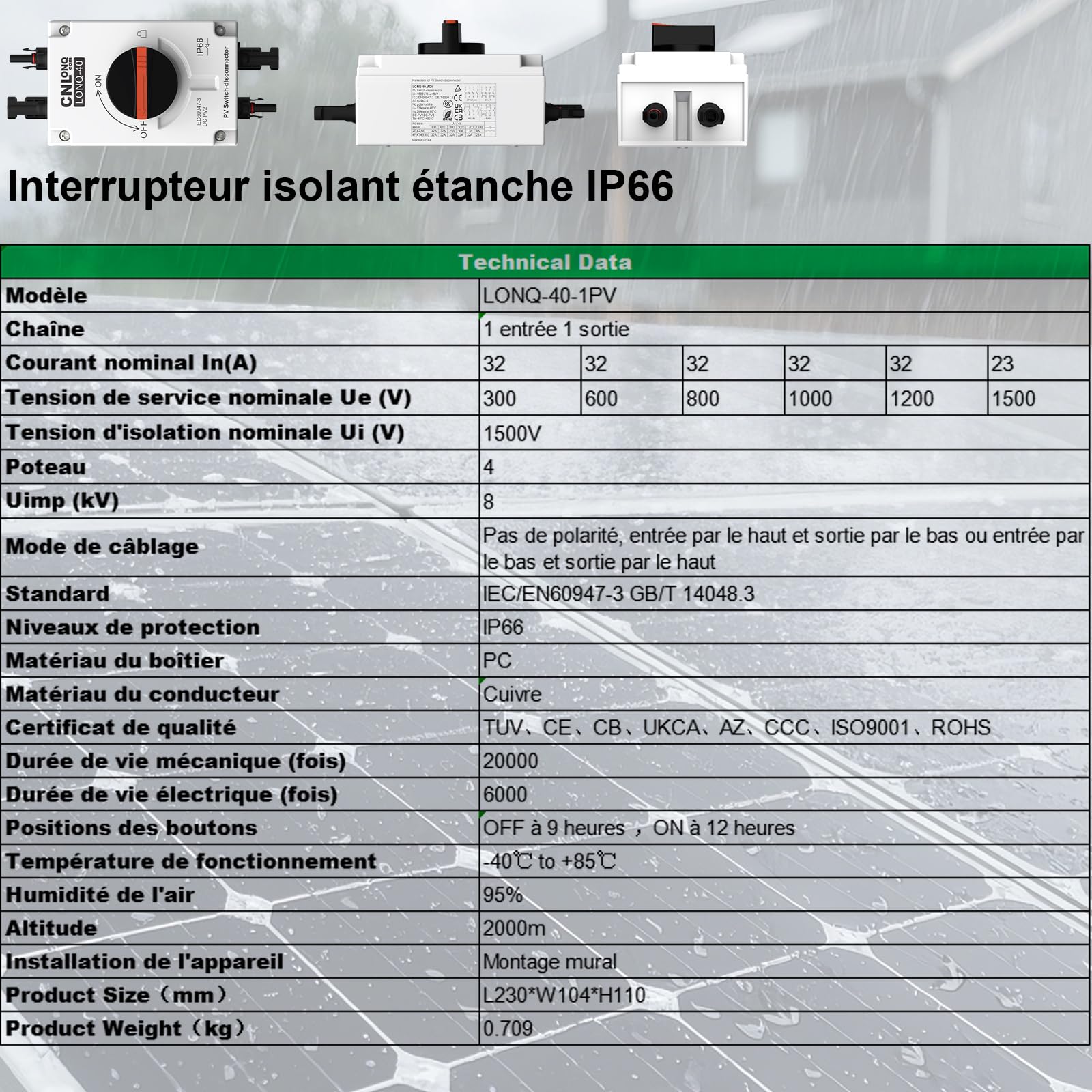 DC PV Isolateur Interrupteur Sectionneur 32A 1200V Disjoncteur Solaire Photovoltaïque IP66 étanche de déconnexion Boîte délectricité Pour Système Solaire Photovoltaïque