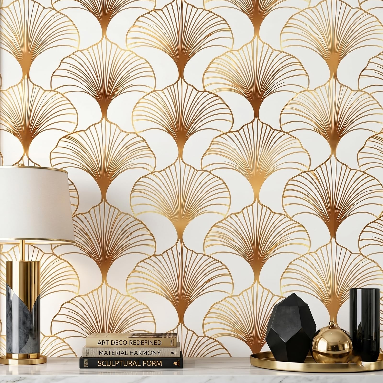 Papel pintado autoadhesivo geométrico blanco y dorado vinilo adhesivo para muebles 44.5cm